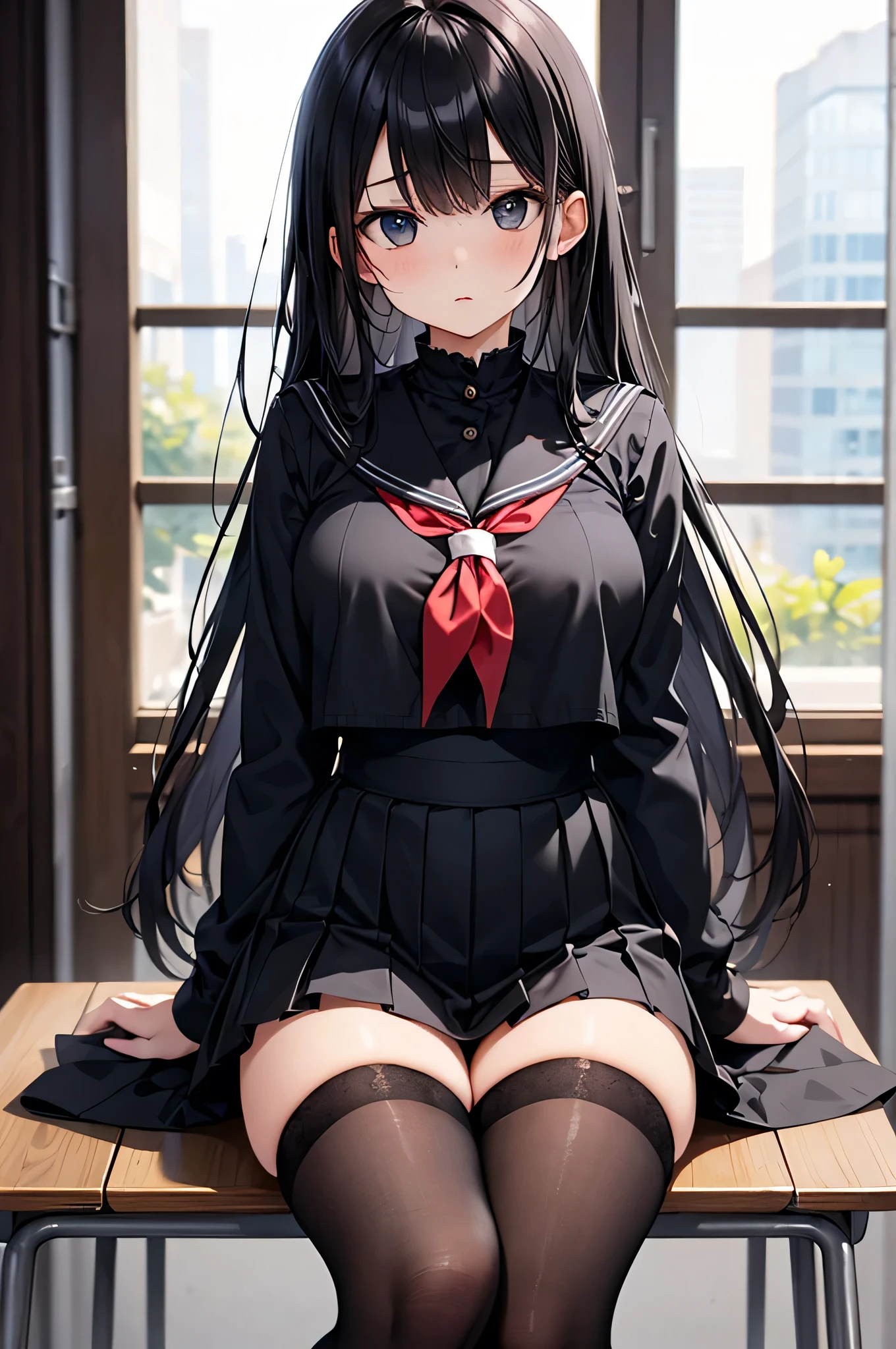 A Japanese high school girl，long black hair，Qi bangs，wearing short skirt，（（black knee socks，Length to the base of the thighs）），pear shaped body，thin waist，plump thighs，Bare thighs，in the classroom