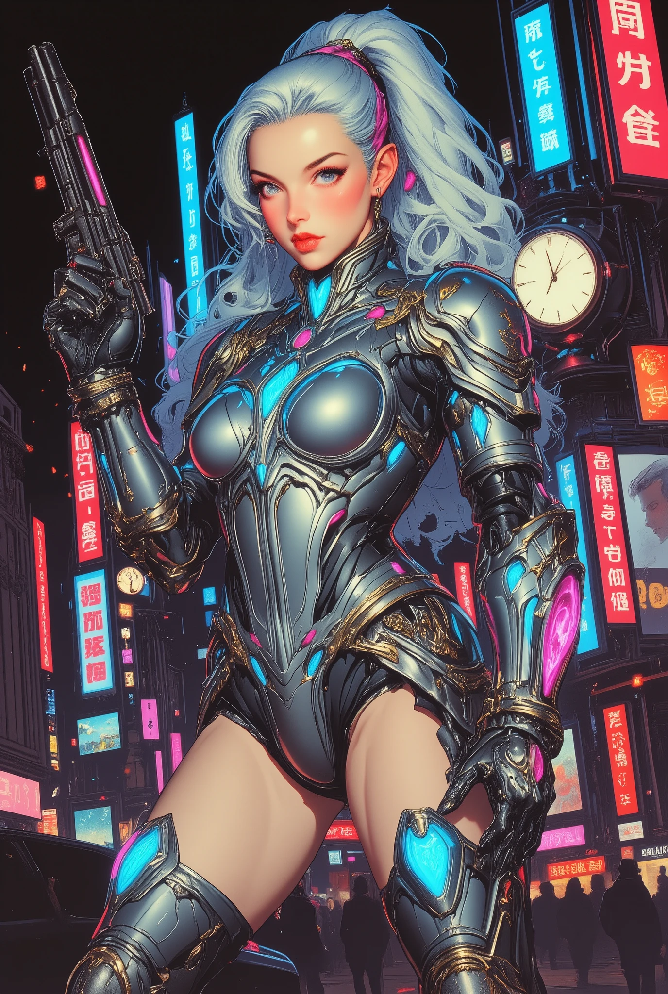 Cyberpunk Cinderella – Neon Warrior"
Cinderella is reimagined as a futuristic anime heroine. She wears a sleek, cyberpunk warrior fusion suit, blending elegance and combat utility. The suit is a mix of metallic silver and glowing blue neon details, with hints of a glass-like material reminiscent of her iconic slipper. Her armor features sharp, angular designs, with a translucent energy shield shaped like a slipper on one arm.

She wields dual futuristic guns etched with intricate patterns, glowing softly in neon pink and purple. Her long hair is tied into a flowing, high ponytail with fiber optic strands, adding a tech-inspired glow. The backdrop is a bustling cyberpunk city with neon signs, holograms, and flying vehicles. Above, a glowing clock tower looms, striking midnight as sparks and embers fly around her, capturing the intensity of her transformation into a warrior.