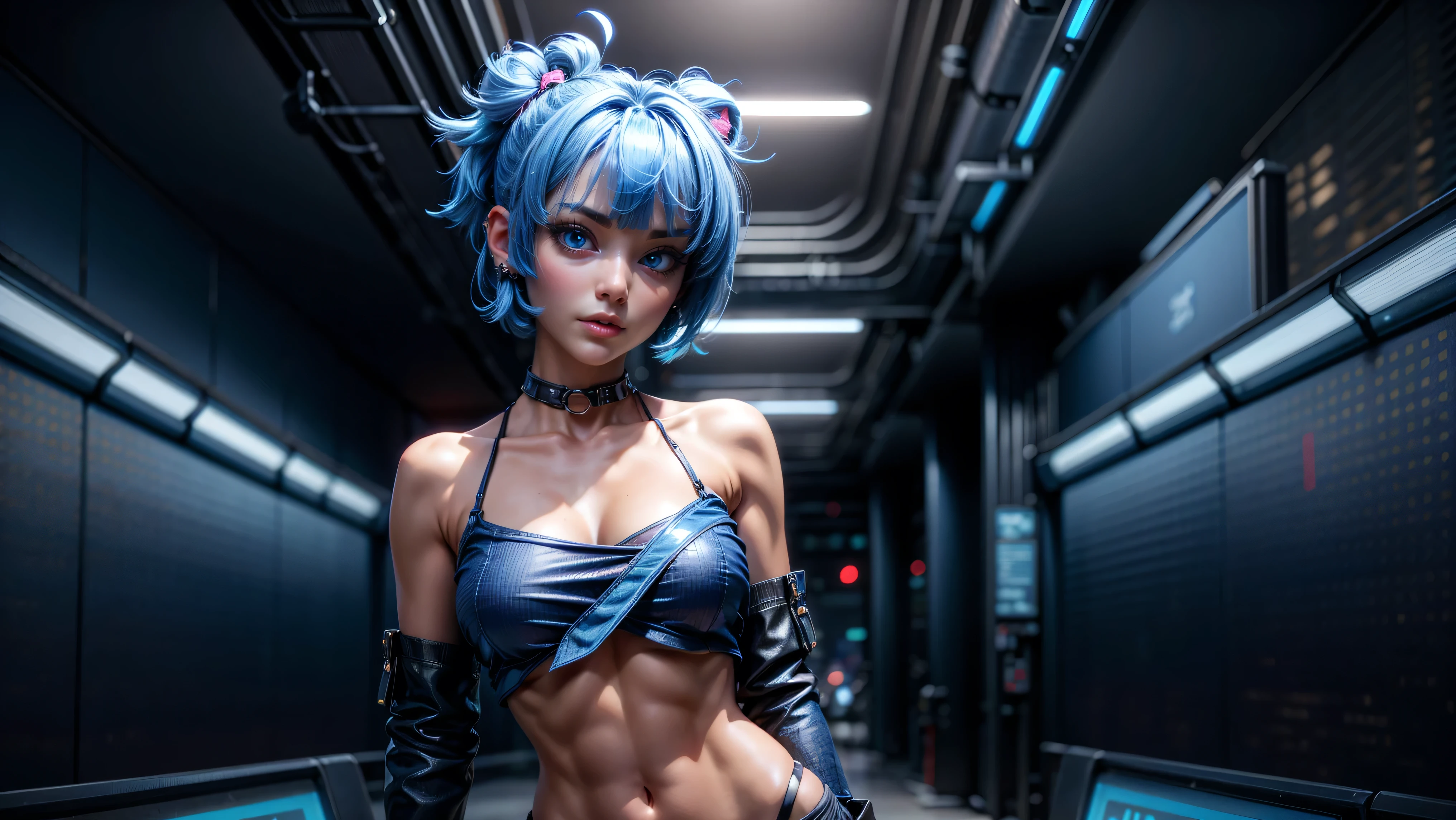 1girl, solo, cute girl, skinny, petite, short hair, loose top, midriff, ((top loosely draped over her breasts)), underboob, looking at viewer, sexy, pants low on hips, ((unbuttoned pants)), cowboy shot, (full body portrait), ((blue hair)), beautiful lips, sexy mouth, ribbon, hair ribbon, bangs, upper body, blue eyed, bangs, ribbon, piercings, cyberpunk background, sci-fi city background,