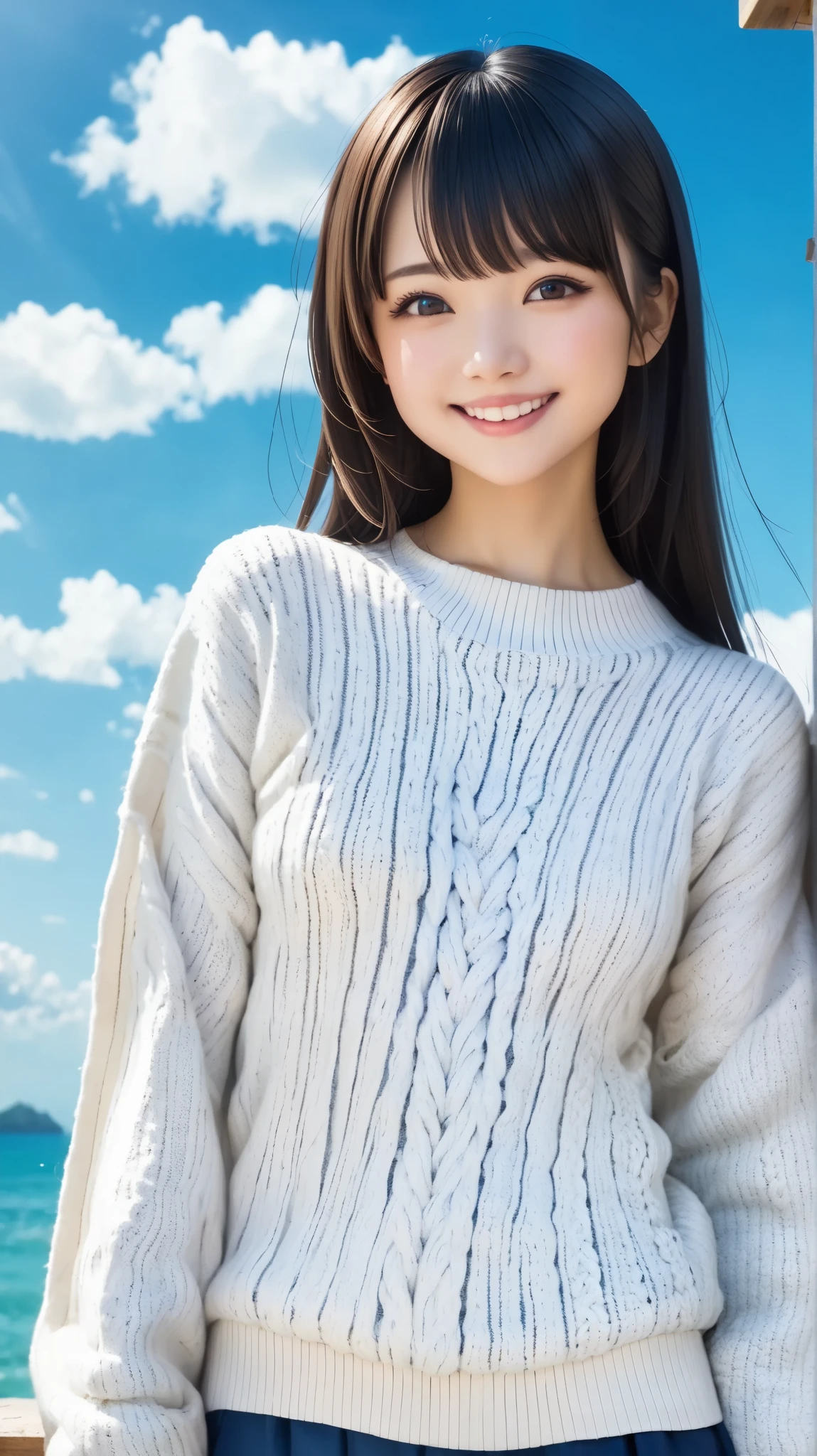 ( top quality、 Masterpiece、 high resolution)、((1 person))、( Beautiful Japanese Woman stroking her bangs 、)、((whole body))、(Natural standing posture)、 (  detailed depiction of a beautiful face )、smile、 small breasts、 slim figure、 black hair、 Beautiful Straight Hair 、 very long hair、Light brown eyes、Siesta、loose summer knit、 oversized knitted sweater 、(Blue sky background)、((sea, Sky and white clouds background))、
