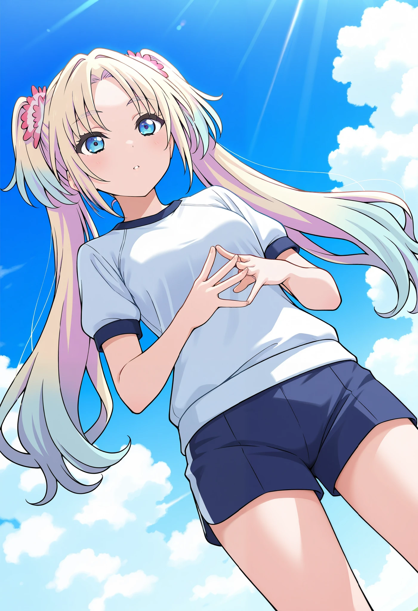 simple background,
1girl,solo,osawa rurino, link! like! love live!, blonde hair, long hair, blue eyes, hair ornament, multicolored hair, gradient hair, twintails, parted bangs, double twintails, cute,(white gym shirt, short sleeve,gym uniform,shorts,panties under shorts),masterpiece,Noise Reduction,perfect anatomy,high resolution, ultra-detailed, ultra-detailed face,game cg,dutch angle ,beautiful detailed eyes,visualart,five fingers, perfect hands, perfect lighting,
