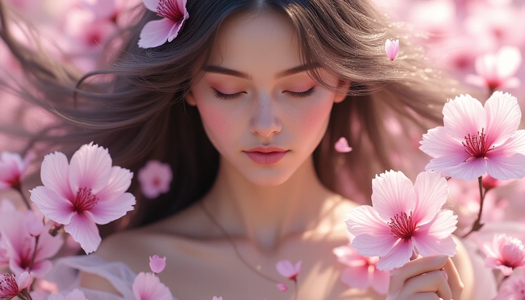 The image features a serene figure with flowing hair, surrounded by soft cherry blossom petals. The woman’s eyes are closed, and her expression exudes tranquility and beauty. The background is a dreamy blend of colors that enhances the delicate pink hues of the blossoms, creating a gentle, ethereal atmosphere. The overall composition conveys a sense of peace and harmony with nature.