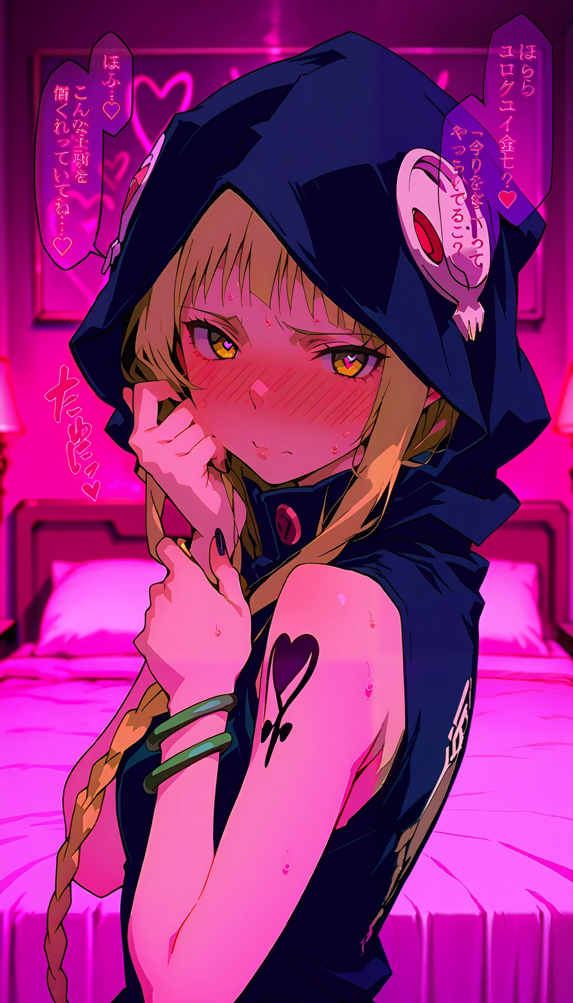 masterpiece, beautiful woman, adult female, cute, score_9, score_8_up , score_7_up , , rating_ general, zzMedusa, blonde hair, long hair, braid, yellow eyes, tattoo, zzMedusa, blonde hair, long hair, braid, yellow eyes, tattoo, hood, jewelry, bracelet, small breasts, fastener, open fastener, clavicle, sleeveless, nail polish, hoodie, braid, black nails, slim, slender body, (indoor, Love Hotel , bed, dim), looking at viewer, full-face blush, speech bible, kissing face, lovely face, embarrassed, sweat, full blush, loving you, lovely hearts:1.4, heart-shaped pupils, speech bible, throw, source_anime