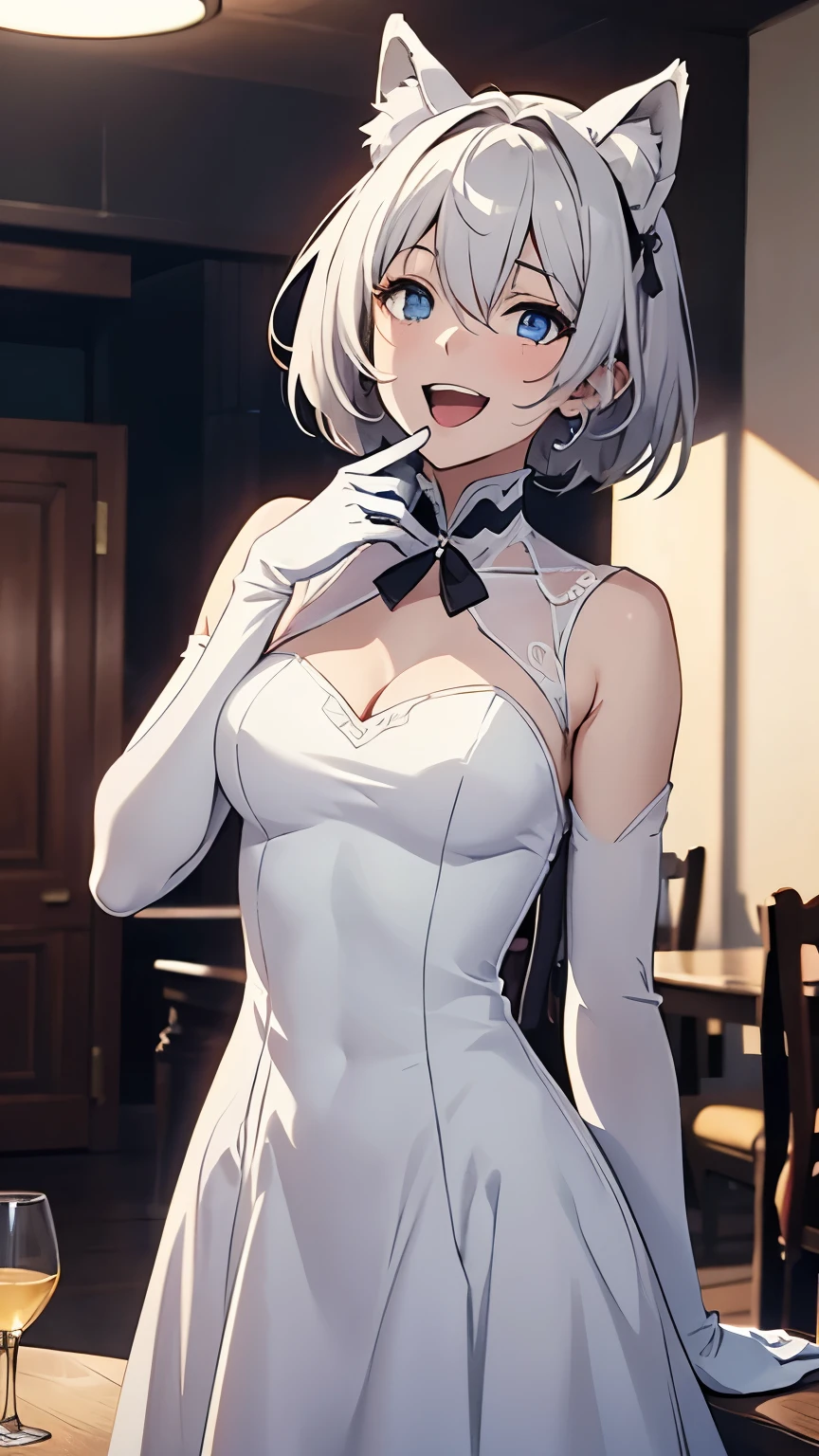 Tabletop　High resolution　Best image quality　8k　 Adult female　Anime Style　White long gloves(Elbow Gloves)　White maid outfit（Strapless）stockings　White wolf ears　short hair（（Shortcuts）（Gray Hair）（Perm）（fluffy））　blue eyes　Attractive face（（Laughter）（smile）（Open your mouth））　Are standing　wave hands