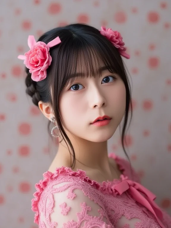 8kreal photos、pretty girl、in front of the wall、holding a bouquet of red roses、Portrait、