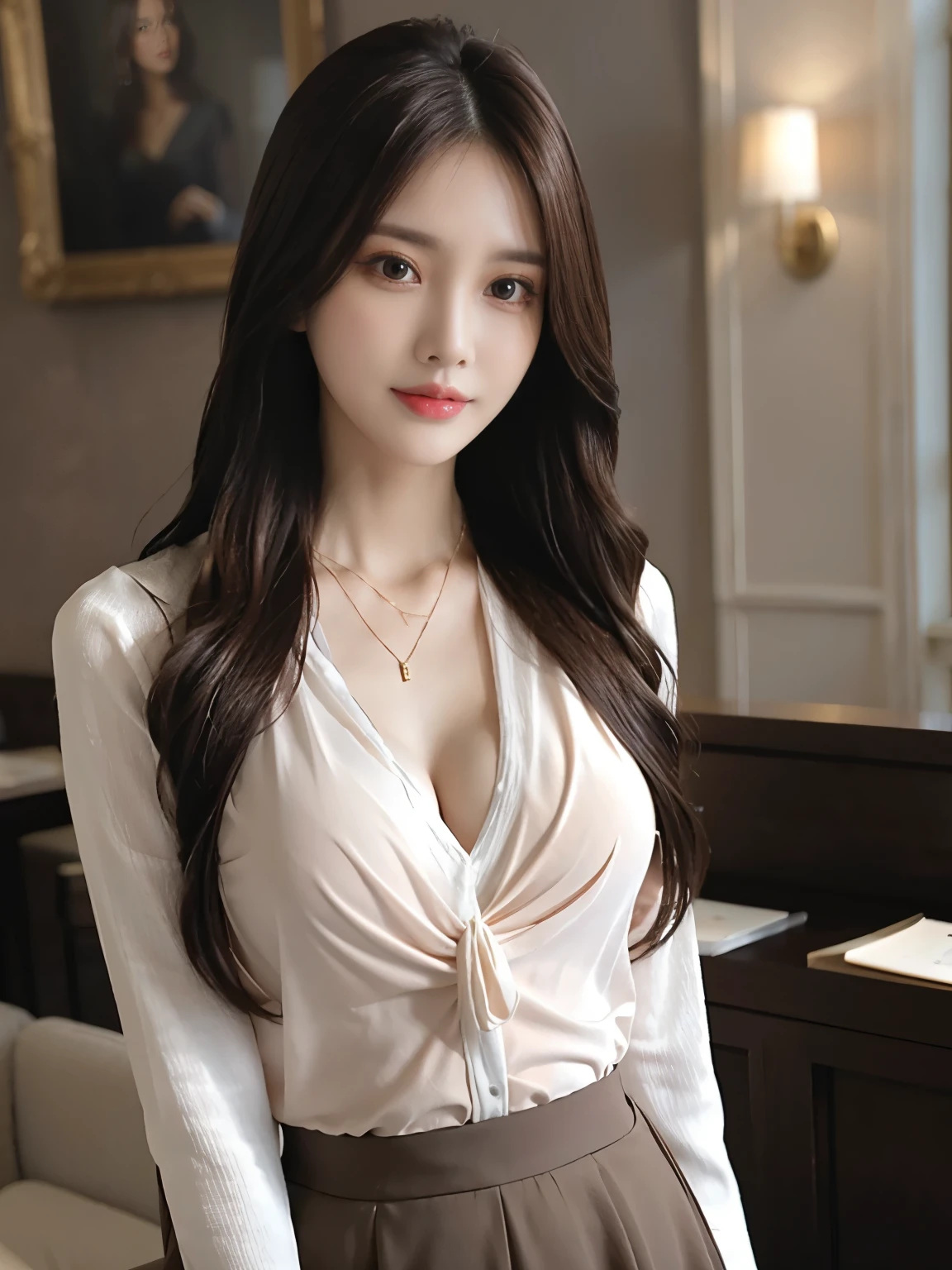 (top quality、highest resolution、masterpiece:1.3)、tall and cute girl、slim abs、Dark brown hair styled across the chest in loose waves.、wearing a pendant、White see-through shirt、belt、black skirt、(modern architecture on background)、Delicately expressed details, including face and skin texture、eye for detail、double eyelid、smile、