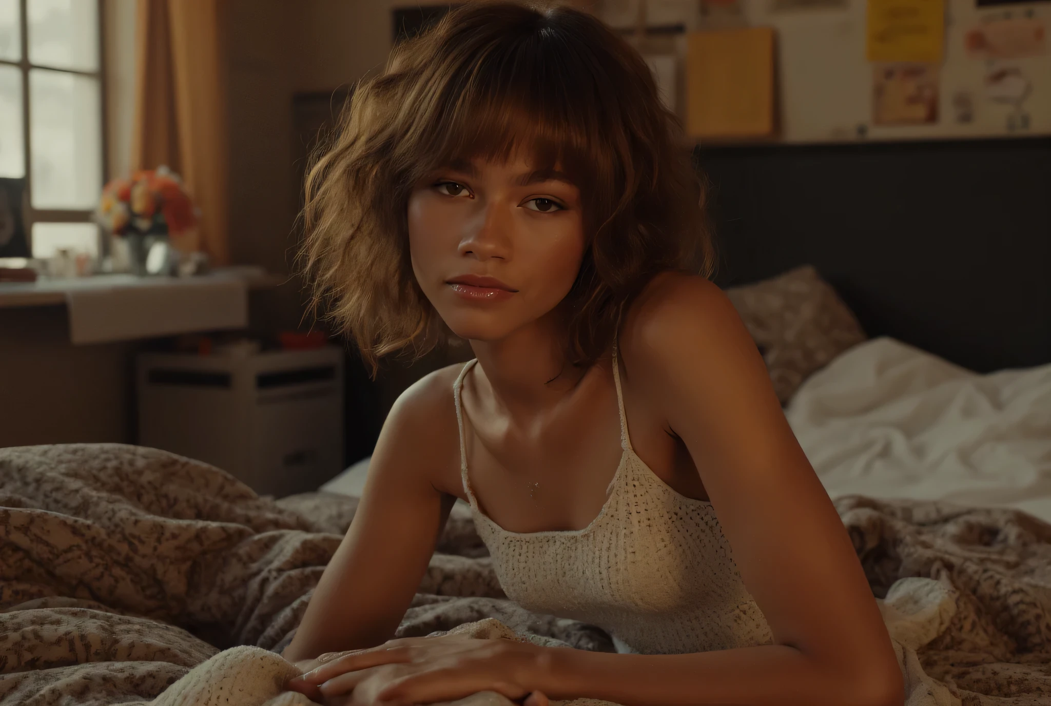 (zendaya:1.3) ((close up shot:1,4)) 21 years old girl sitting in a messy room, Retro aesthetic, highly detailed, graphic novel art, professional, sleek, perfect composition, beautiful detailed intricate insanely detailed octane render trending on artstation, 8k, ((looking to the side:1.4)),