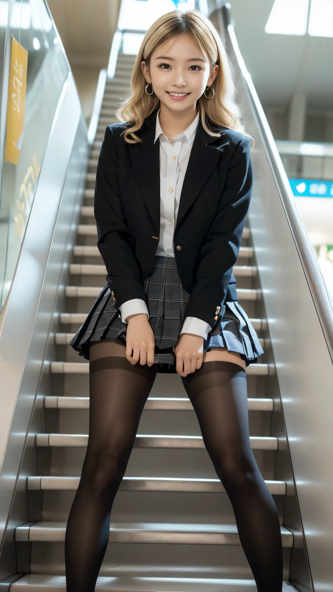 top quality, Masterpiece, super high resolution, high-definition RAW color photo, pro pics, natural skin texture, fine skin, hyperrealism, smiles,(blonde curly long hair,Blonde gal,Earrings),Gigantic ass,(( high school girl uniform , white cutter shirt, blazer jacket, Plaid Pleated Mini Skirt,( black pantyhose))),((Looking down from the top of a shopping mall escalator,from below,spread legs,sitting(skirt lift))),