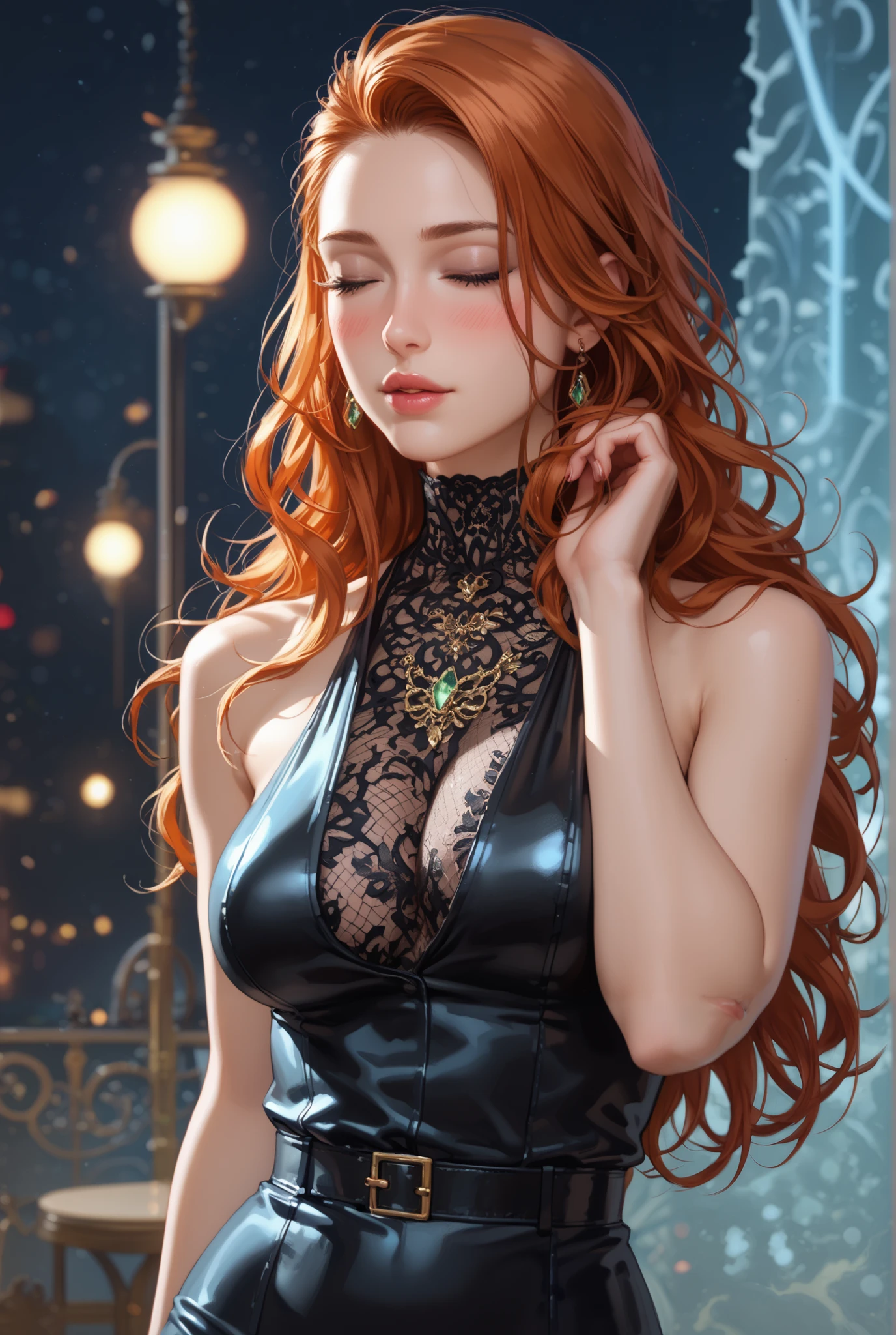 full body image,woman wearing a tight black dress that embraces her body like a second skin , emphasizing her curves and her long slender legs . The dress is cut low at the front , showing off a good amount of skin and her delicate collarbone . It's also short enough to show a glimpse of her thighs when she moves . Her long red hair is loose around her shoulders , falling in soft waves up to your waist . She wears high black heels that accentuate her legs even more and make her walk even sexier. Her makeup is subtle , but enough to highlight her penetrating green eyes and full lips . alone, 1 person, (masterpiece: 1.3), ( Maximum Resolution : 1.2), (highly detailed eyes, eyes closed), strongly taned skin tone, deeply taned skin, very taned skin, well-defined symmetrical facial features, symmetrical face, ( glowing skin:1), Cinematic light , 8k resolution, facial details, (sharp focus: 1.2), (best quality , 8k, highres icon, incredible quality, very aesthetic,absurdres,newest), ultra-detailed, realistic, photorealistic, (photorealistic:1.4), HDR, Ultra HD, (((studio lighting at night))), ultra-fine painting, (sharp focus:1.2), physics-based rendering, description with extreme details, vivid colors, bokeh effect, Professional(Focus on the pubis:1.5), anatomically correct, milf body, (green eyes, ginger hair), (mature girl), beautiful face, highly detailed face and skin texture, thin eyebrows, glowing skin, shiny lips, fit body, (medium breasts), very blushing, (Blush:1.5), red cheekbones, (firmly defined thin body), slim hips, thin hips, thin waist, slim waist, perfect style, Tall and slender figure shaped like an hourglass, Long, fiery red hair,
Penetrating green eyes, (Full, luscious lips), Porcelain-perfect skin, wears professional and elegant business attire that accentuates her figure.