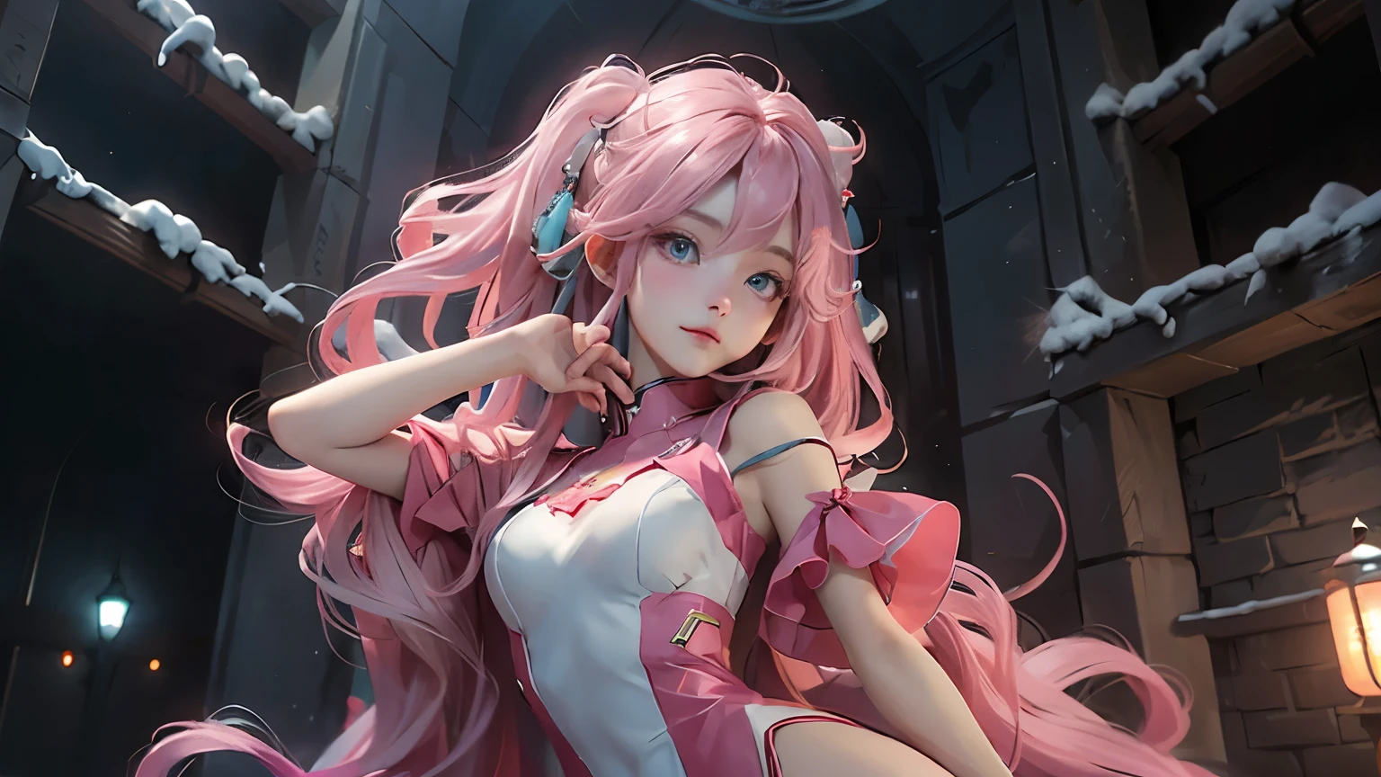 1 アニメGirl, full body, dramatic lighting,pink mecha ,Honey Mecha ,White pink mecha , white pink super long hair, small breasts, Clothes fit the body , white skin like snow , face,The most delicate face, Bare Thighs ,16k wallpaper, Masterpiece, best quality ,detailed face ,笑face(Close your mouth and raise the corners of your mouth ), very large detailed eyes 、 Very big detailed blue eyes 、 ( Bare Thighs 、Upper arms、hand)、 Fine Hand Model Fingers 、 fine leg model feet ,Hatsune Miku's super long pink hairstyle
