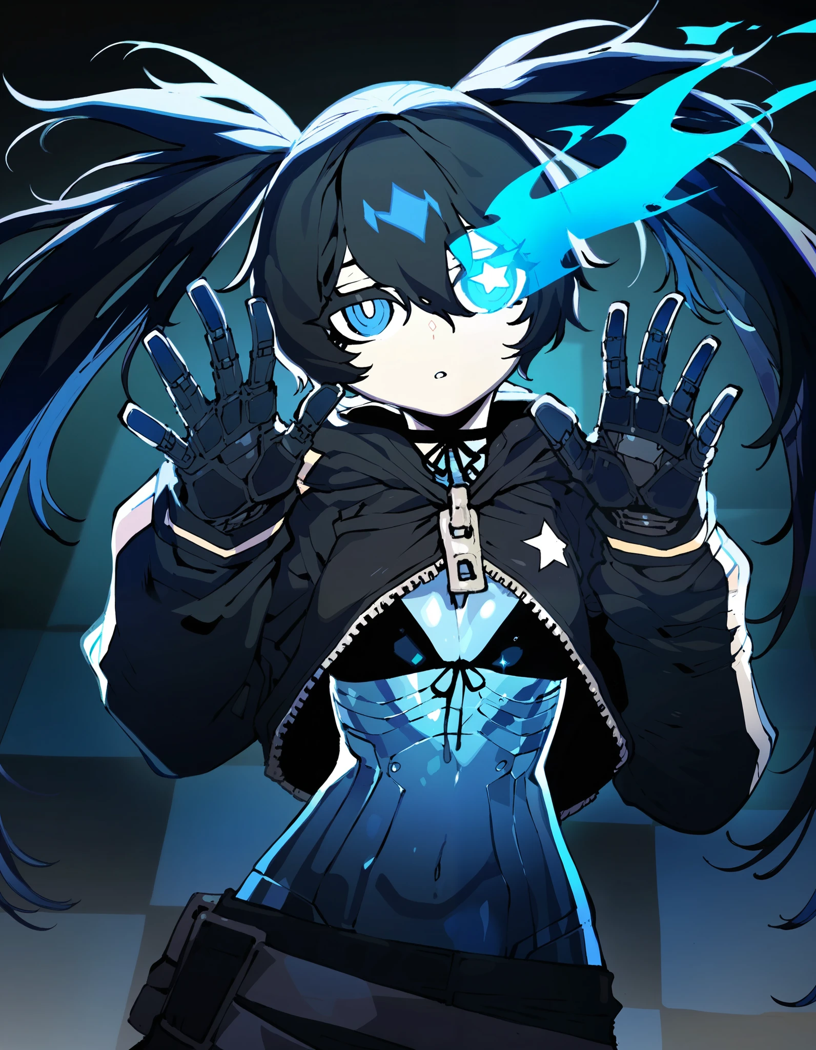 1girl, black rock shooter, optical illusion, ssambatea, quasarcake, fishine, negative space, see-through body, made of, tiny neon glass filaments, android, star, solo, glass skin, made of glass, neon light, detailed background, hand out frame, 
very awa, masterpiece, newest,