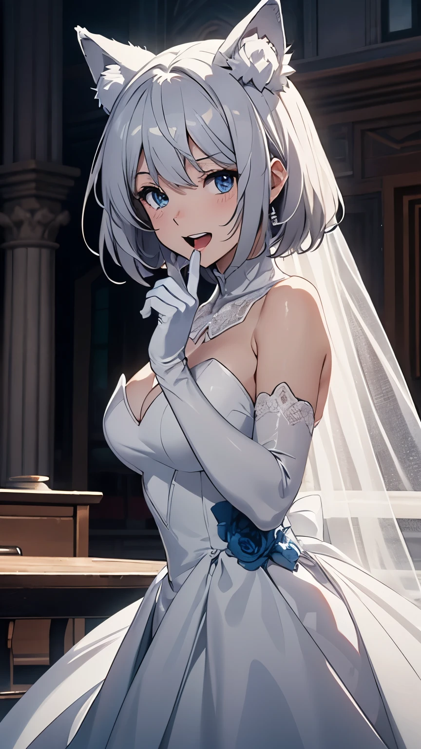 table top best image quality wonderful high detail One Young Woman((adult))anime style Wedding dress(No sleeve) I can see my underwear white long gloves(elbow gloves) white pantyhose wolf ears short hair((shortcut)(gray hair)(curly hair)(fluffy)) smile(Happy) eye color is blue church bouquet