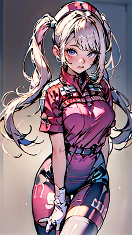 #基本
A girl is posing for a photo, ((One Girl)), (((Baby Face:1.2)) + ((cute:1.3))),
#A girl is posing for a photo, ((One Girl)), (((Baby Face)) + ((cute)) + 16 years old),
break
#Clothing Accessories
((Sky blue nurse uniform:1.5) : (Shiny) + ((Pencil Mini Skirt)) + (High neck) + (Gold Belt) + ((Tight fit)) + (Black Pantyhose)), (Shiny白ハイヒール),
(Gold hoop earrings),
break
#Features
((Silver Hair)), (The forehead is visible:1.4), (Twin tails : Long Hair + Curly hair + Thin Hair + Red ribbon),
((Droopy eyes), blue eyes, (Big eyes:1.2)), (Big Breasts),
break
#background environment
(noon, (sunlight shines, Modern hospital)),
#Facial Expression Pose
((Wicked Smile)), (model posing),
#composition
(To the camera, (Focus from the front), (Cowboy Shot)),
break
#Body parts elements
(Slim figure),
(Detailed Hair, Beautiful Hair, Shiny Hair),
(double eyelid, Long eyelashes),
(Expression of fine eyes, Beautiful and delicate eyes, Sparkling eyes, Eye Reflexes, Glitter Eyeliner),
(Human Ear),
(Beautiful Nose, Thin Nose),
(Shiny唇, Beautiful Lips, Thick lips, Shiny唇, Natural Cheeks),
(Detailed face, Symmetrical facial features),
(Detailed skin, Textured skin, Beautiful Skin, Glowing Skin),
break
#Quality Image Quality Common
(((Highest quality)), ((masterpiece)), ((Very detailed))), ((Ultra-high resolution)), ((16K, 1080P)), ((FHD)),
(Anatomically correct), (Realistic), (3DCG), (oil), (Colored pencil),
#Quality image illustration
((comics, anime)), CG illustration,