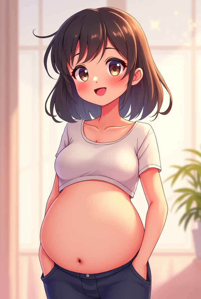 A 12-year-old Asian girl with a baby body and face. She is wearing a short skirt and showing her toned thighs.. wearing knee high socks. she's pregnant, making a slight smile, hands holding belly