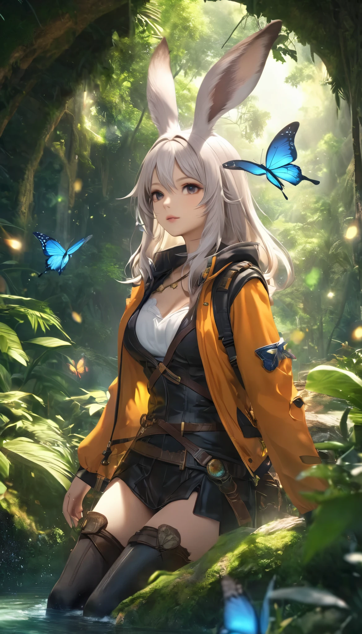  top quality,  top quality, 16k,  Software,   unbelievably ridiculous ,  very detailed from outside the window,  Delicate and Dynamic,  natural light,  particles reflect light beautifully , Diffuse reflection of light,  vortex of light ,  Jungle,  Jungleに隠された美しい古代遺跡, Colorful butterflies fluttering,  wild animals ,  fireflies, 隠されたtreasure, get lost,  skeleton,  Create amazing image effects,  body close-up ,  pyramid, (cute sexy Viera girl , Firm and bouncy bust,  sensual expression, Passionate,Serious,  uplifting , explorer, River Jacket, explorerの装備, explorerの服装,  leather boots, treasure)