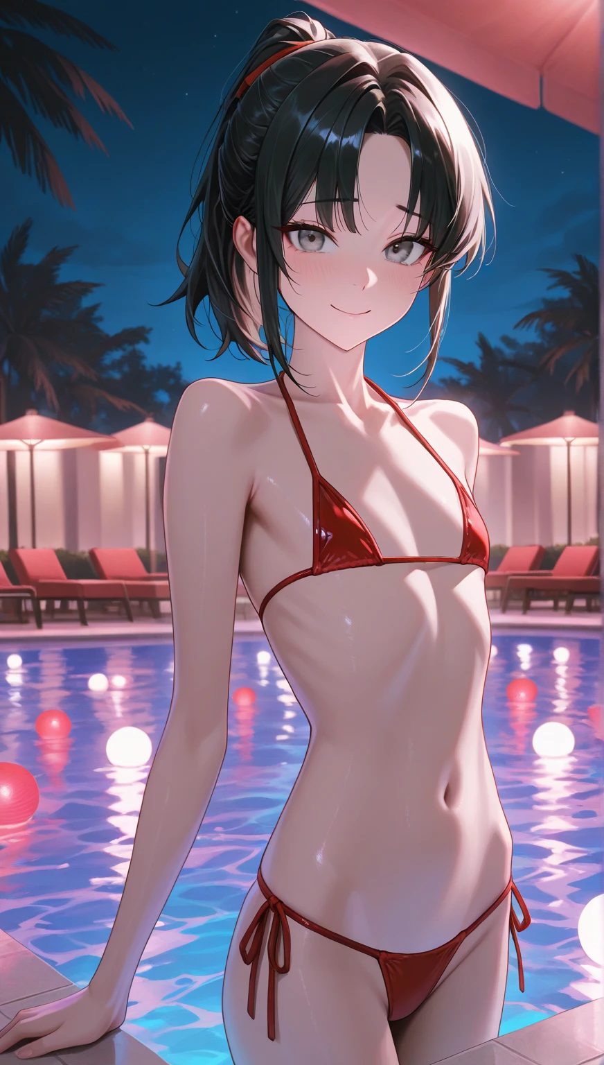 (Highest quality, masterpiece), One girl, Intricate details, Beautifully detailed face, (Minimal Micro Bikini:1.2), See through, View your viewers, Night Pool, blush, Open your mouth, Black Hair, Medium Hair, Blunt bangs, Happy, Are standing, Cowboy Shot,