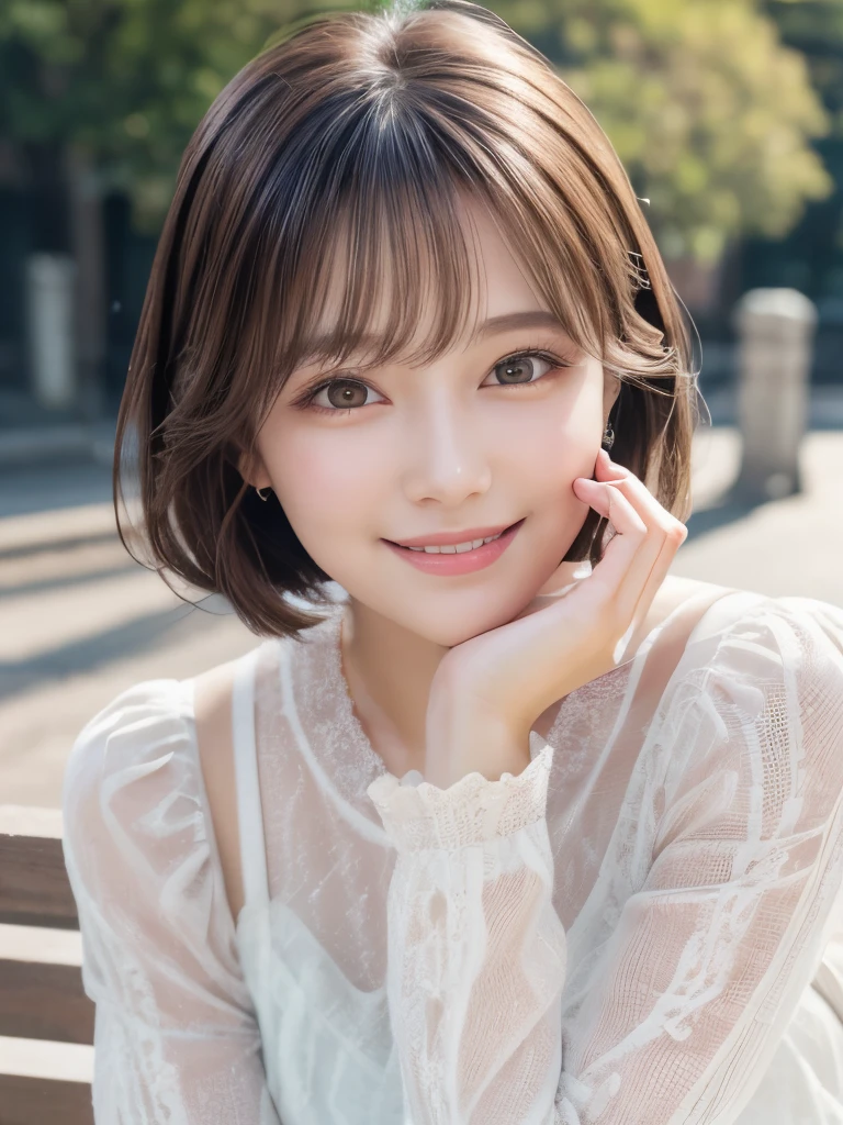 ((masterpiece)), ((Highest quality)), ((Complex)), ((Surreal)), (Realistic), (Mature Woman), ((There are no classes)), Very detailed, (1 female), Beautiful and exquisite, (Beautiful Teeth), Grin, Brunette Bob Hair, Brown eyes, ((blouse)), (Upper Body), (background:none), Perfect Eyes, Captivating eyes, Looking at the audience