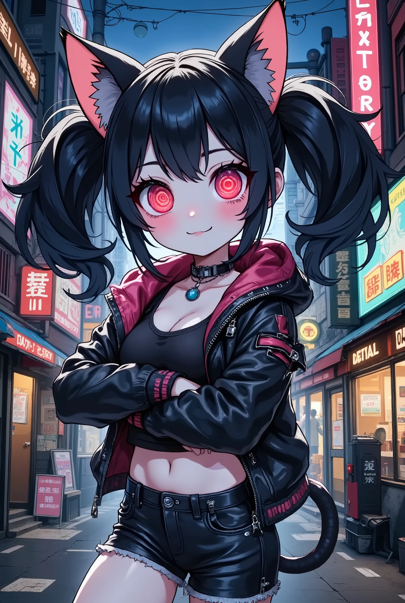 (masterpiece, best quality:1.2),solo,a cute evil punk cat girl,/(big eyes,red eyes,circle pattern of her eyes,details of eyes,fluffy black cat-ear,black hair,twin tails hair,pale blue skin,simple cyber punk clothes,casual style),cheerful girl,happy and fun atmosphere,night,neon cyberpunk city background,strong color,stylish anime illustration,hand draw illustration,dynamic scene