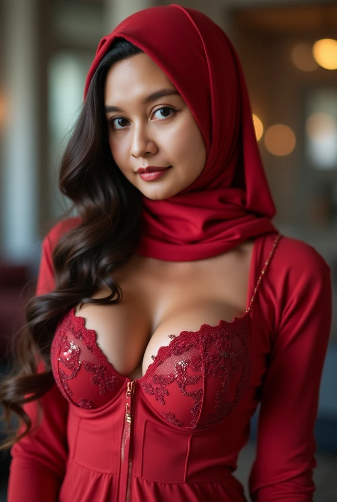 1 malay girl , modern hijab, angry , medium portrait shot , fire in her eyes , glowing particles, wear red lace bra and panties, Super 8mm lense, Extreme close-up, High Contrast cinematography effect, Natural Lighting, Desaturate color grading, high quality, ultra detail, 8k resolution