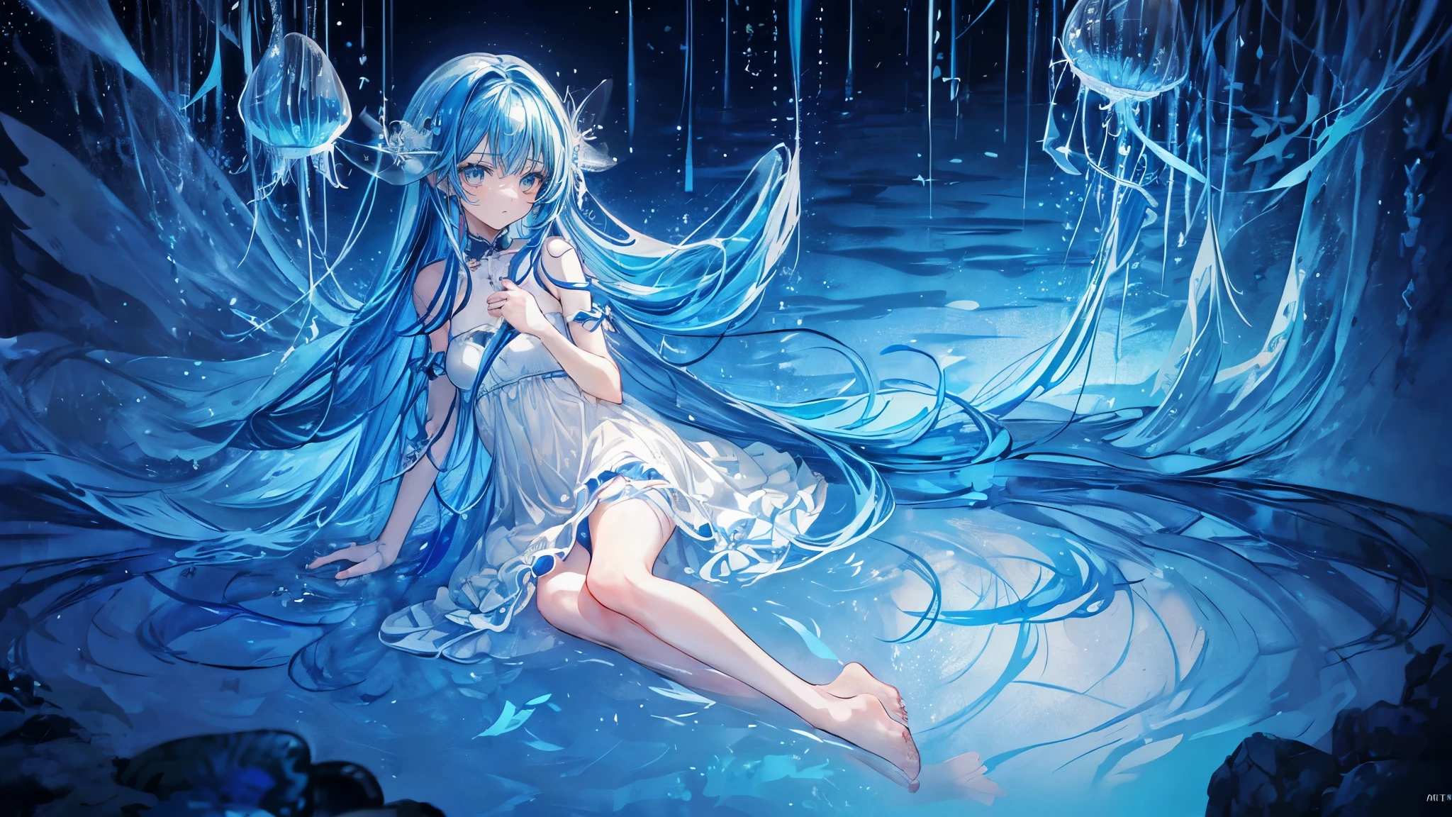 Cute  girl , sitting, picture only dark blue and white, vulva reveal, colorless skin color, white skin color, girl, dark blue, long straight hair, dark blue hair, hot, vulva reveal, full character, hot, cute eyes, big eyes, big black pupils, vulva reveal, blue liquid came out vulva dripping