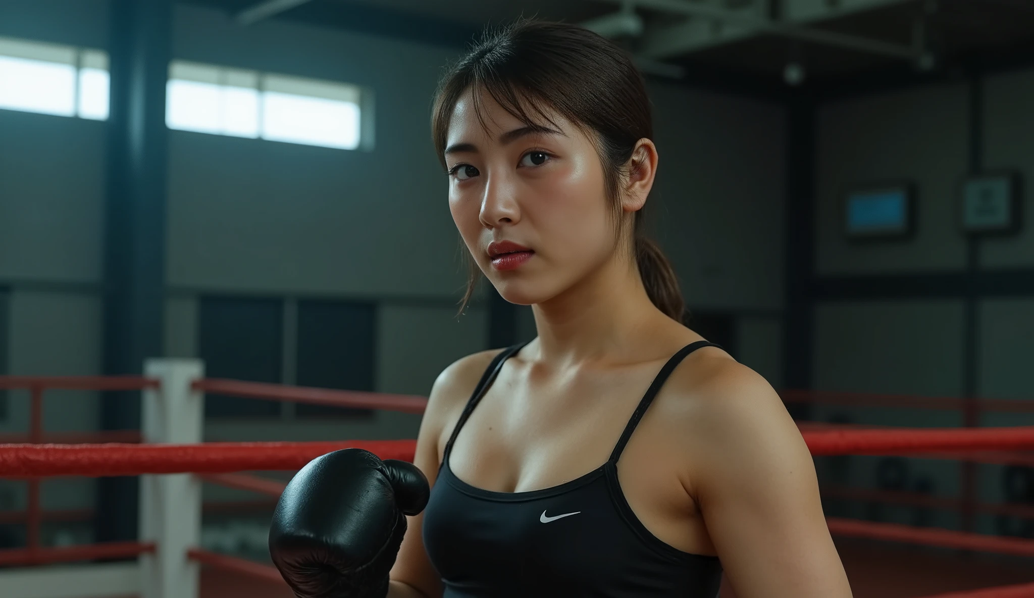 close eyes、With a beautiful Korean woman who closes her eyes, muscular body flowing through a bowl, Wet hair tied up , Sweaty skin, wear Nike sportswear and shorts, Big Breasts, sensual expression, wear boxing gloves , battle pose, boxing ring , watches viewers, cinematic lights , realistic pictures , wide angle shot .