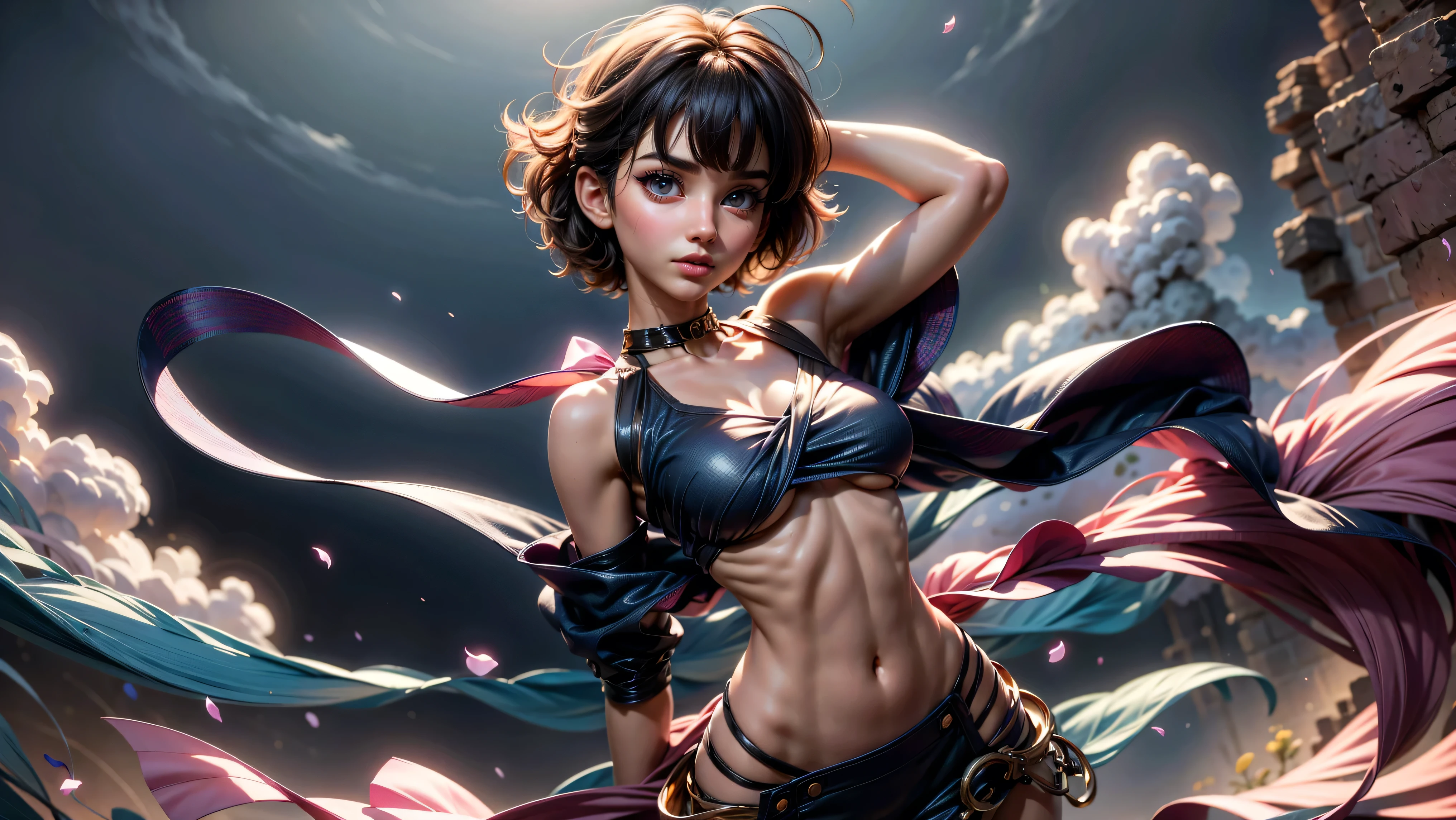 1girl, solo, young, cute girl, skinny, petite, short hair, loose top, midriff, ((top loosely draped over her breasts)), underboob, looking at viewer, sexy, skirt low on hips, cowboy shot, (full body portrait), beautiful lips, sexy mouth, ribbon, hair ribbon, bangs, upper body, blue eyed, bangs, ribbon, meadow background, springtime, walking through a meadow,