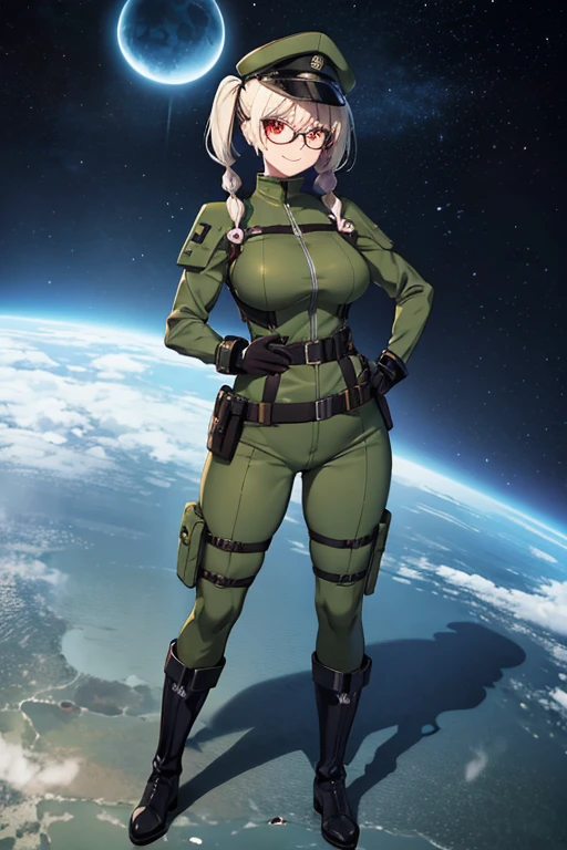 Anime drawings、Full body portrait、Space Sci-Fi Soldier、A curvy military woman, standing upright, about 155cm tall, about 48 years old, wearing a dark green military uniform with protective gear.、Smiling with mouth closed、Her hairstyle is twin tails.、Platinum Blonde Hair、Military bootilitary cap、Glasses、Red Eyes