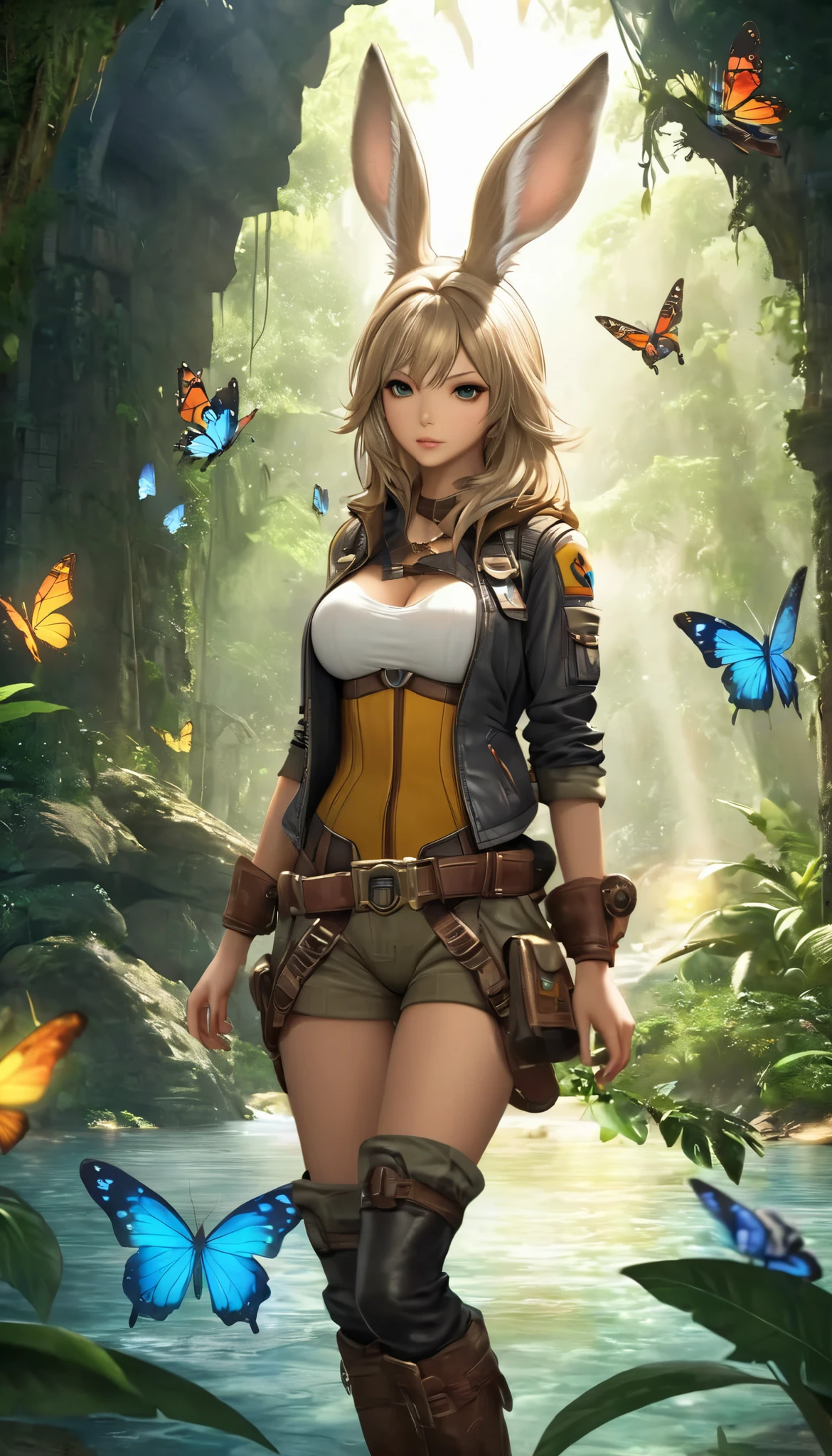 top quality, top quality, 16k, software, unbelievably ridiculous , very detailed from outside the window, Delicate and Dynamic, natural light, particles reflect light beautifully , Diffuse reflection of light, vortex of light , Jungle, beautiful ancient ruins hidden in the Jungle, Colorful butterflies fluttering, wild animals , fireflies, Hidden treasure, get lost, skeleton, Create amazing image effects, body close-up , pyramid, (cute sexy Viera girl , uplifted bouncing breasts, sensual expression, Passionate,serious, uplifting , explorer, River Jacket, Explorer Equipment, Explorer Outfit, leather boots, treasure)