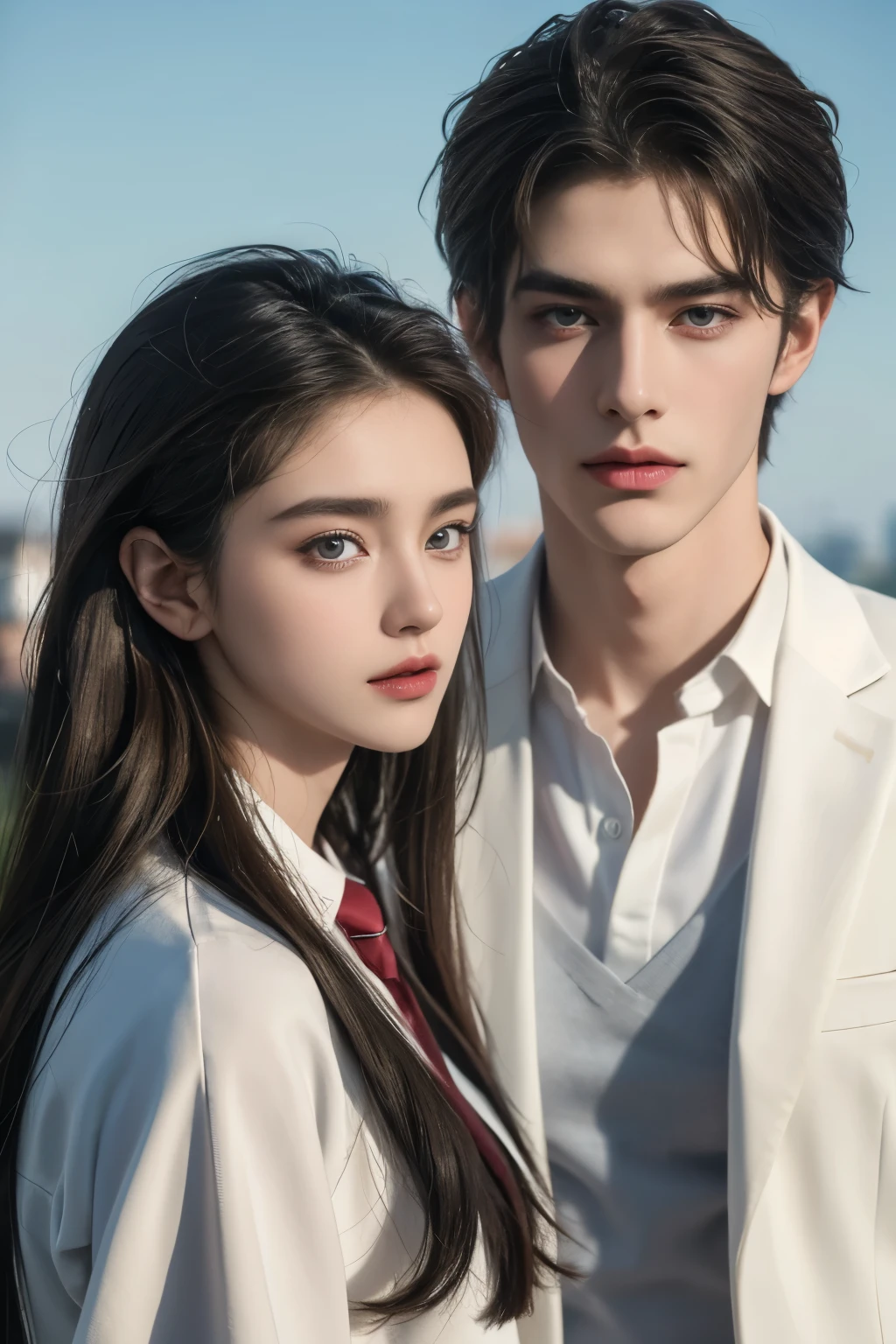 portrait photography, 1 couple, ((1 girl), long hair, beautiful), ((1 man), short hair, suit)