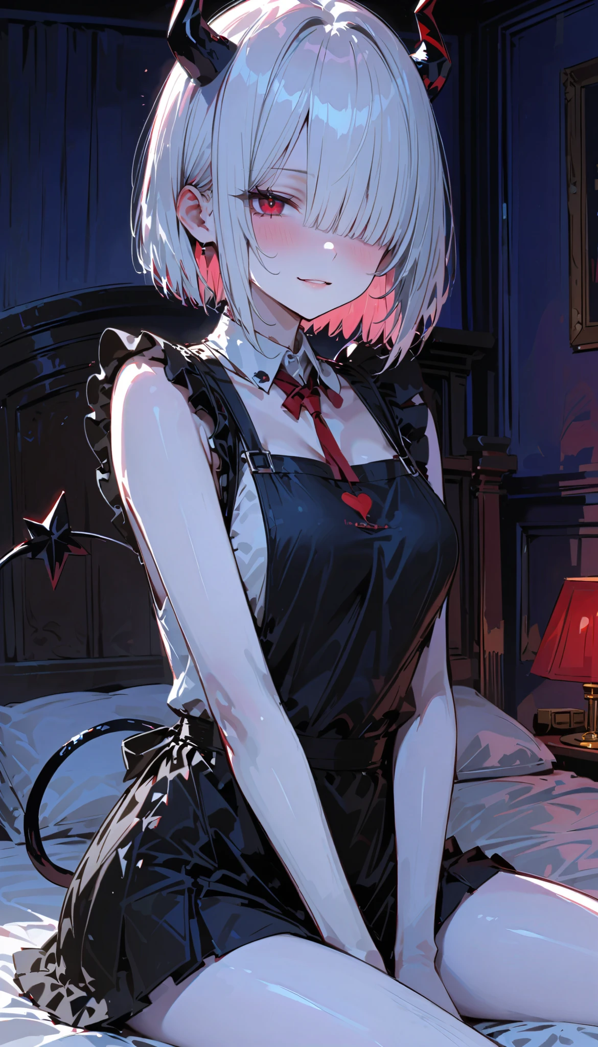 (masterpiece:1.3), (best quality:1.3), Girls, Silver hair, blue eyes, Transparent black lingerie homedress, jewelry necklace, jewelry earrings, jewelry dress, garter belt, garter straps, blush, 🤨, headband, black stockings, arms beside the body, sitting, on bed, night time, night sky, starry sky, window behind back, black elbow gloves, [(WHITE BACKGROUND:1.5), ::5] HEXAGON