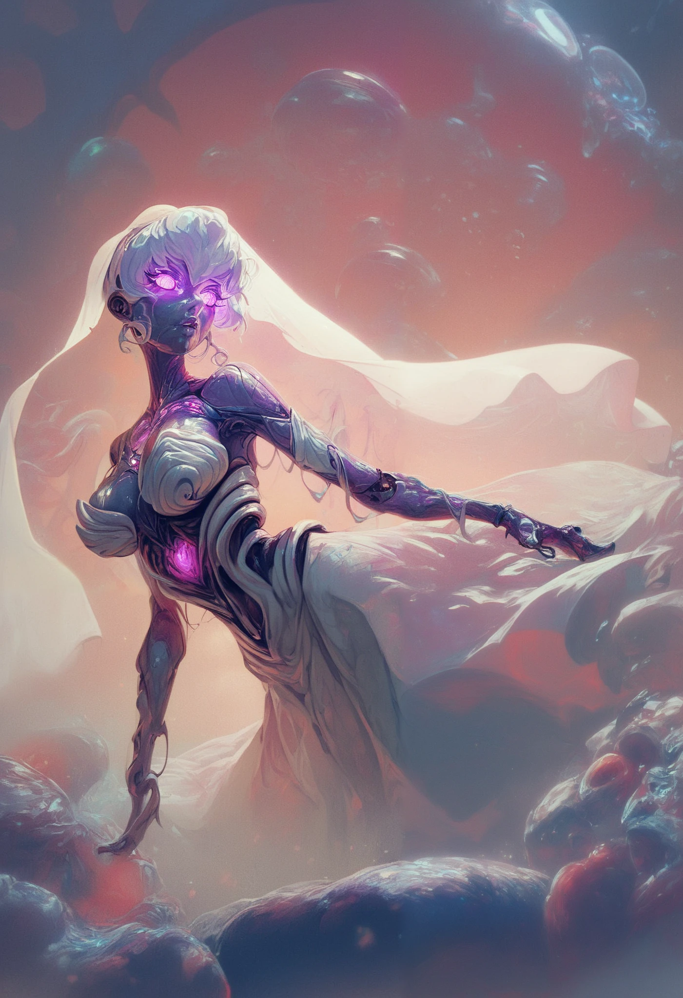 Sci-fi girl. Fusion with jellyfish. Silver hair. Veil. Eyes without highlights. Purple glowing eyes. Biological machine. Mechanical bodysuit. White dress. Glowing biological core. Venom glows. Tentacles.