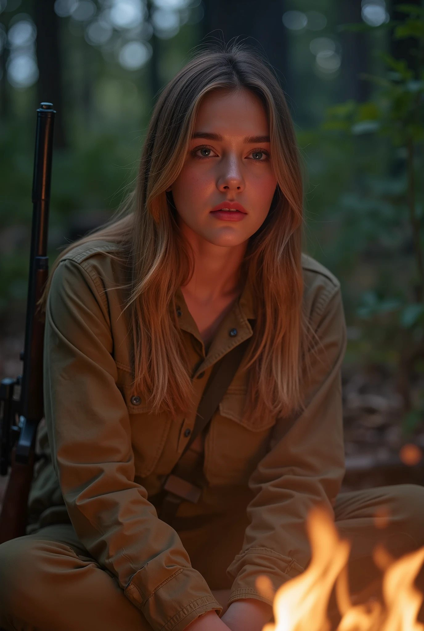 a beautiful 28-year-old american actress with smart expression, blonde long hair, blue eyes, wearing hiking outfit, sitting around a campfire in a primeval forest, holding a hunting rifle, cinematic movie style, (best quality,4k,8k,highres,masterpiece:1.2),ultra-detailed,(realistic,photorealistic,photo-realistic:1.37),detailed eyes,detailed lips,extremely detailed face and portrait,longeyelashes,dramatic lighting,moody atmosphere,warm color tones,dramatic shadows