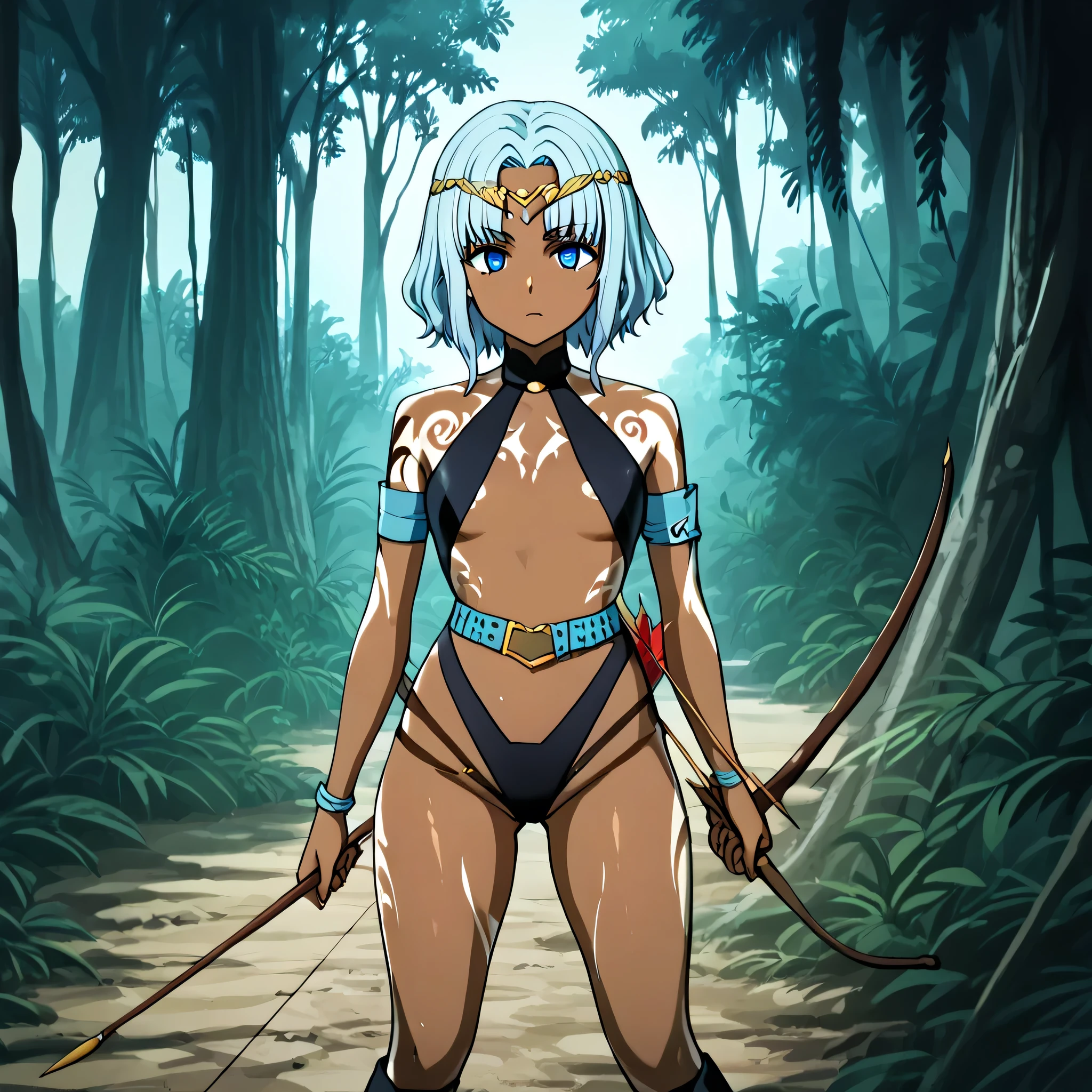 (((Masterpiece))), (((Best Quality))), ((Super Detail)), ultra-High resolution, score_9,score_8_up,score_7_up,score_6_up,score_5_up,score_4_up, BREAK, source_anime, anime screencap, uncensored, rating_explicit, Masterpiece, curvy, dark persona, empty eyes, expressionless, blank eyes, looking at viewer, full body, emotionless, Fighting Stance, horizontal pupils, black leotard, clothing cutout, high heel boots, knee boots, circlet, armlet, bracelet, belt, halterneck, (((1girl, solo))), hair ornament, Dark skinned, dark skin, tattoo, blue eyes, light blue hair, medium hair, small breast, holding bow_(weapon), arrow, forest background, forest