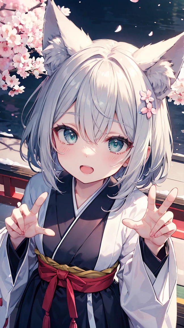 gray hair 、 illuminated in the dark 、 had hair on one eye、Japanese-style town、day、((from above))、Yangyun、cherry blossoms、 Flower blowing snow、bird、slender、open mouth、focus face、double teeth、 claw pose、smile、 Cool Personality、 boyish、April、Japanese style clothing、 fox ears、 foxtail 、 high school girl、、 Masterpiece、 Masterpiece、 Pale blue-green eyes、 wallpaper、 standby