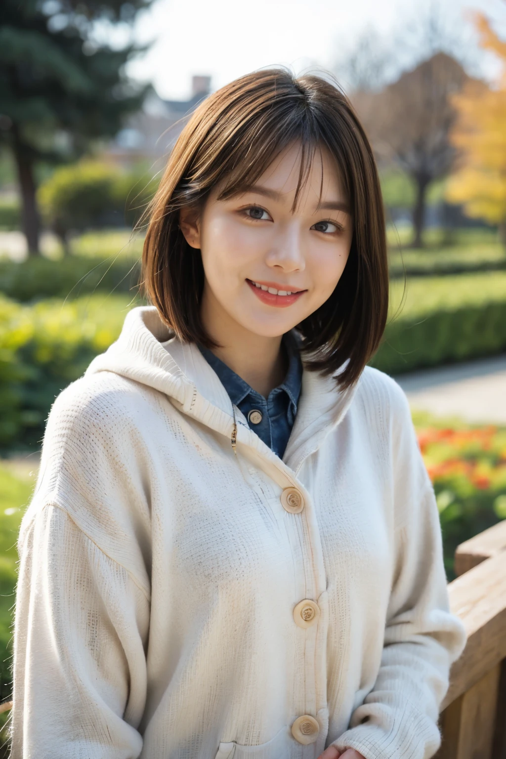 (masterpiece:1.2, Best Quality),,Anatomically perfect、 simple background、Winter clothes、20yo、garden、smile、bangs,small breasts,shortcut hair