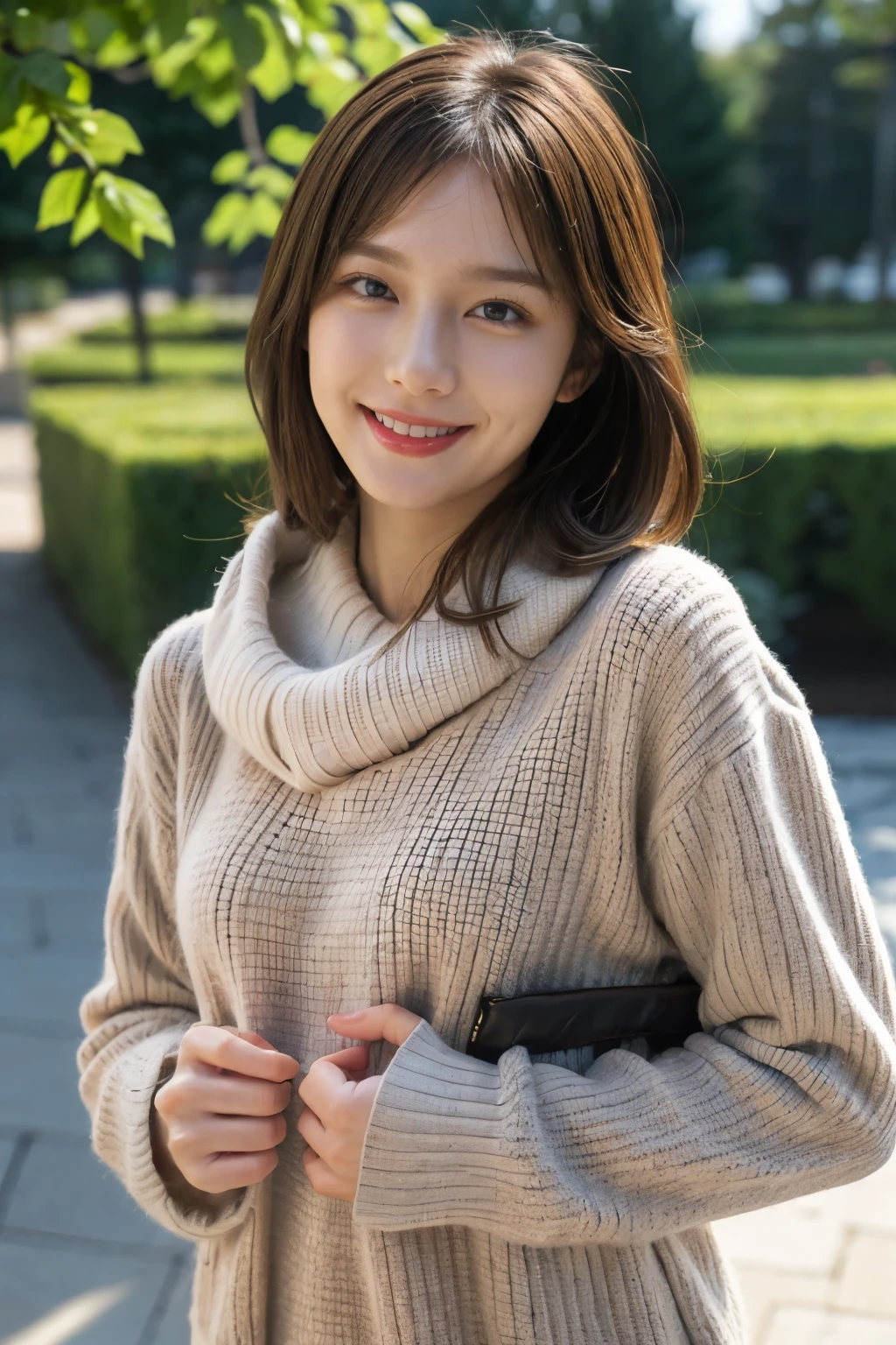 (masterpiece:1.2, Best Quality),,Anatomically perfect、 simple background、Winter clothes、20yo、garden、smile,bangs,small breasts
