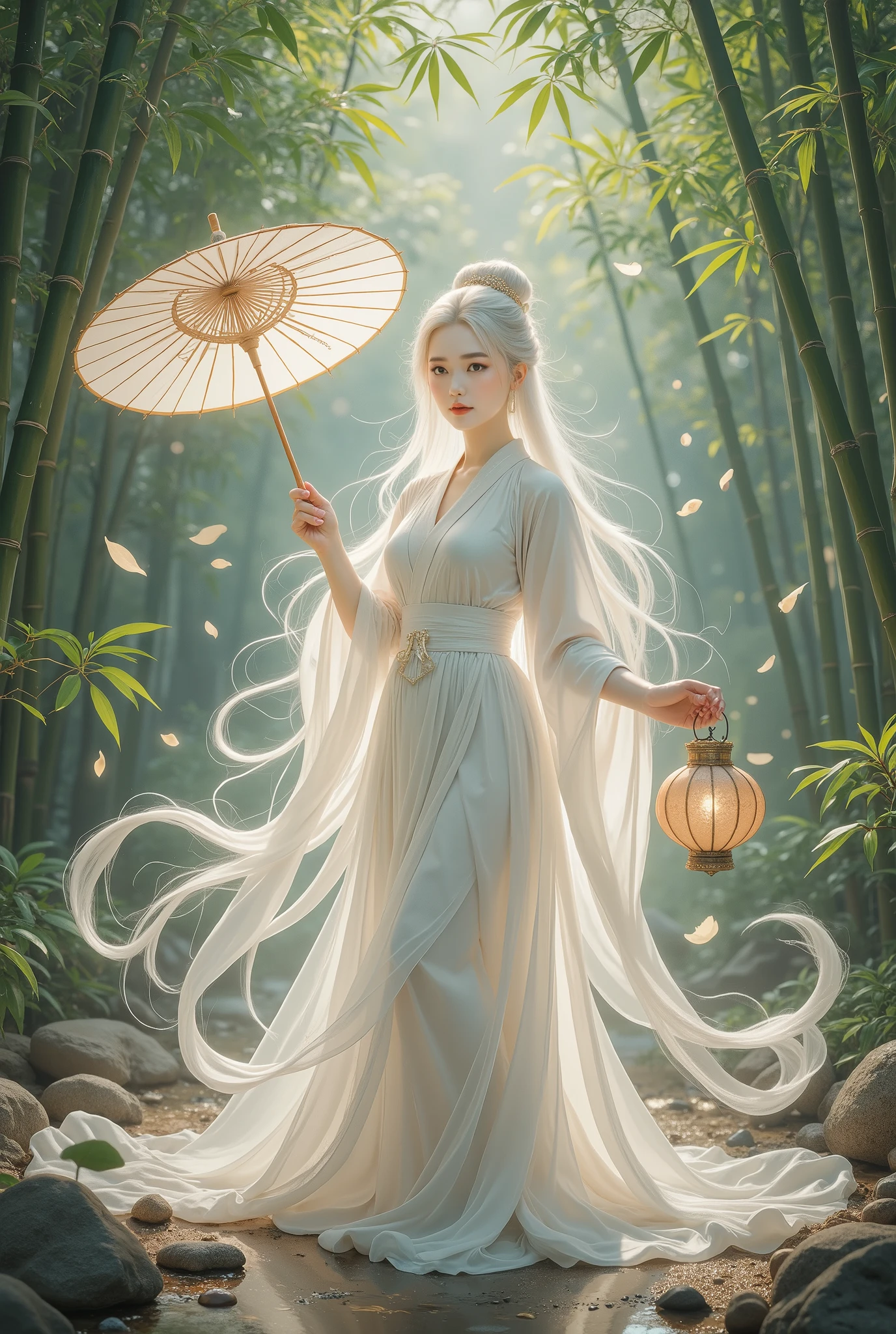 standing split:1.8,A beautiful girl in a bamboo forest, bamboo leaves falling softly, hazy atmosphere, long white hair, wearing a graceful white hanfu, alluring and elegant, holding a traditional oil-paper umbrella, carrying a lantern, holding a delicate folding fan, playing a bamboo flute, (best quality,4k,8k,highres,masterpiece:1.2),ultra-detailed,(realistic,photorealistic,photo-realistic:1.37),intricate details,cinematic lighting,vibrant colors,delicate brushstrokes,digital painting,fantasy,portrait