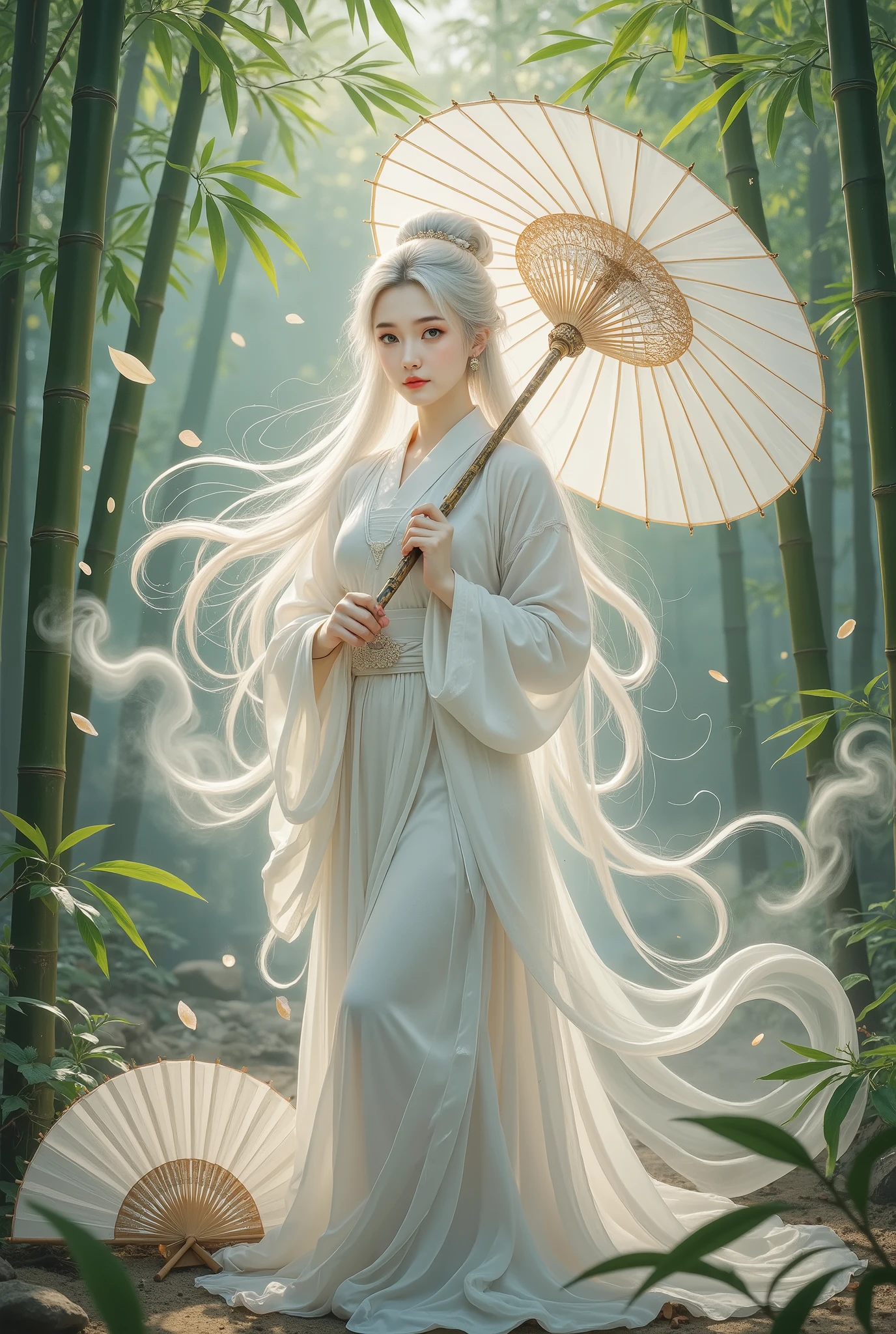 standing split:1.8,A beautiful girl in a bamboo forest, bamboo leaves falling softly, hazy atmosphere, long white hair, wearing a graceful white hanfu, alluring and elegant, holding a traditional oil-paper umbrella, carrying a lantern, holding a delicate folding fan, playing a bamboo flute, (best quality,4k,8k,highres,masterpiece:1.2),ultra-detailed,(realistic,photorealistic,photo-realistic:1.37),intricate details,cinematic lighting,vibrant colors,delicate brushstrokes,digital painting,fantasy,portrait
