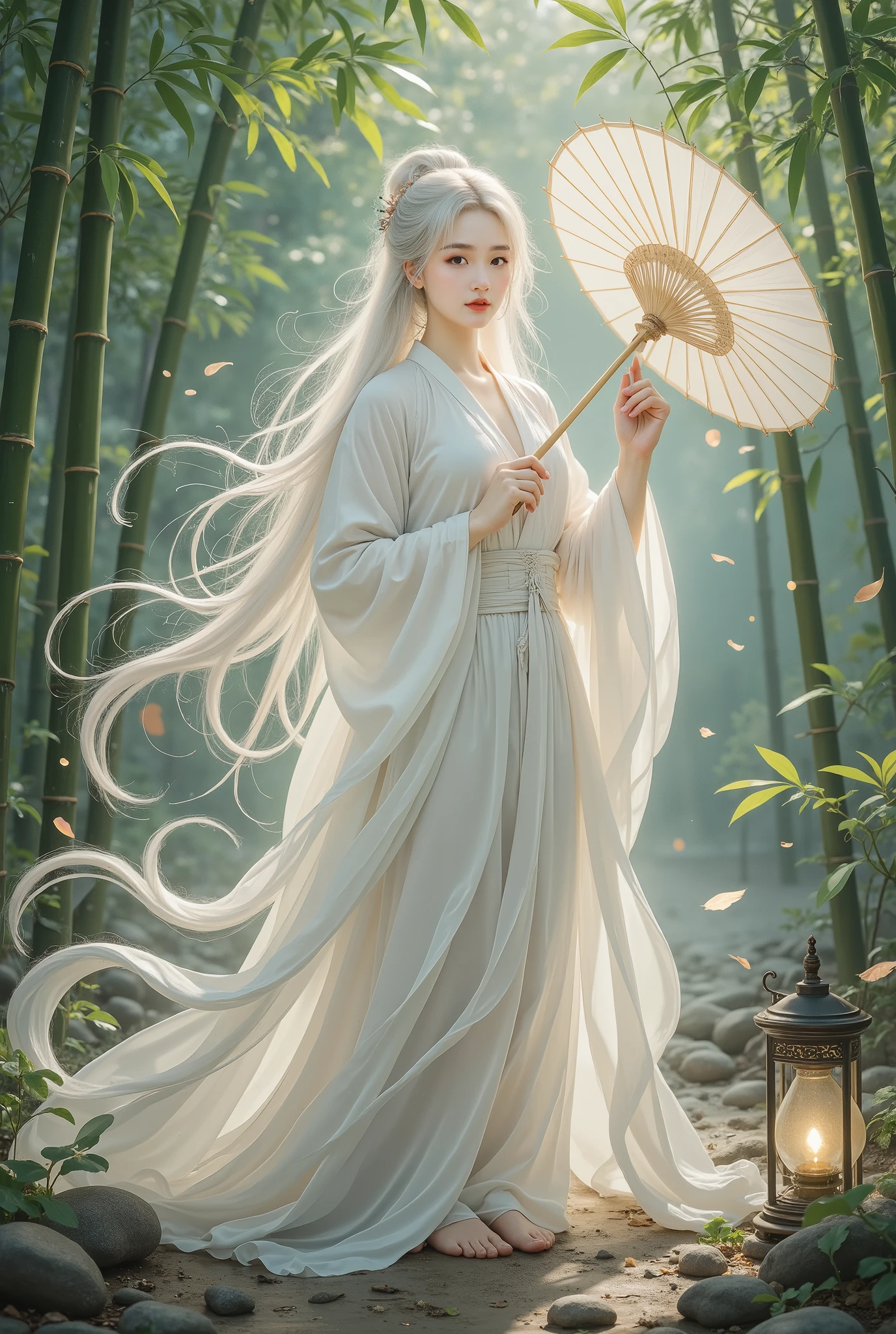 standing split:1.8,A beautiful girl in a bamboo forest, bamboo leaves falling softly, hazy atmosphere, long white hair, wearing a graceful white hanfu, alluring and elegant, holding a traditional oil-paper umbrella, carrying a lantern, holding a delicate folding fan, playing a bamboo flute, (best quality,4k,8k,highres,masterpiece:1.2),ultra-detailed,(realistic,photorealistic,photo-realistic:1.37),intricate details,cinematic lighting,vibrant colors,delicate brushstrokes,digital painting,fantasy,portrait