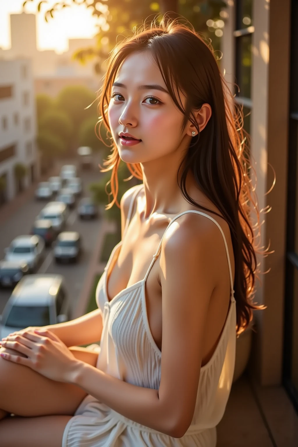 Cinematic Photo of a beautiful young girl fashion model bokeh train, ((long eyelashes)), ((body photo))
