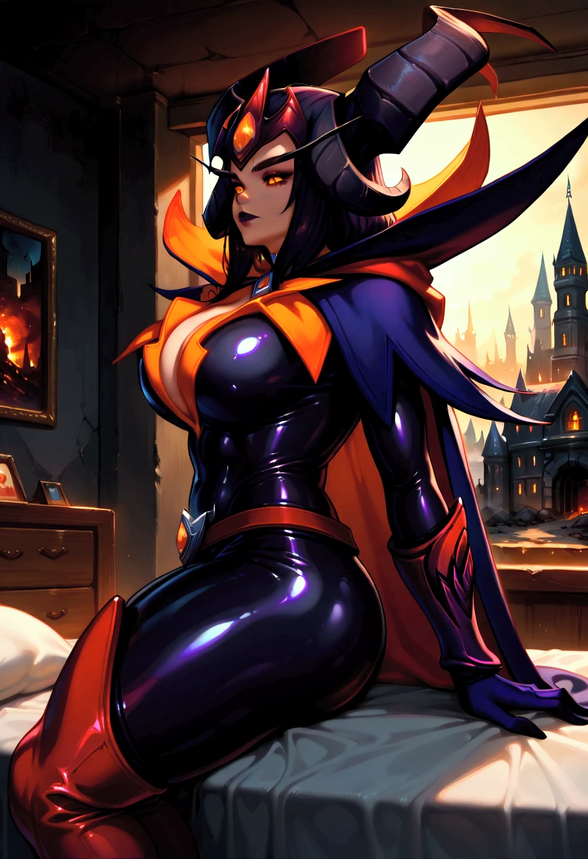 ((best quality)), ((masterpiece)), (detailed), 1woman, mature, LeBlanc, blue hair with weaker blue on the hair shaft, red lips, brown eyes with a thin black vertical stripe underneath the lower center of each eye, clever, smirking, looking straight at the viewer, large cape, sitting on a throne, black leather stripes covering her upper body, arm braces
