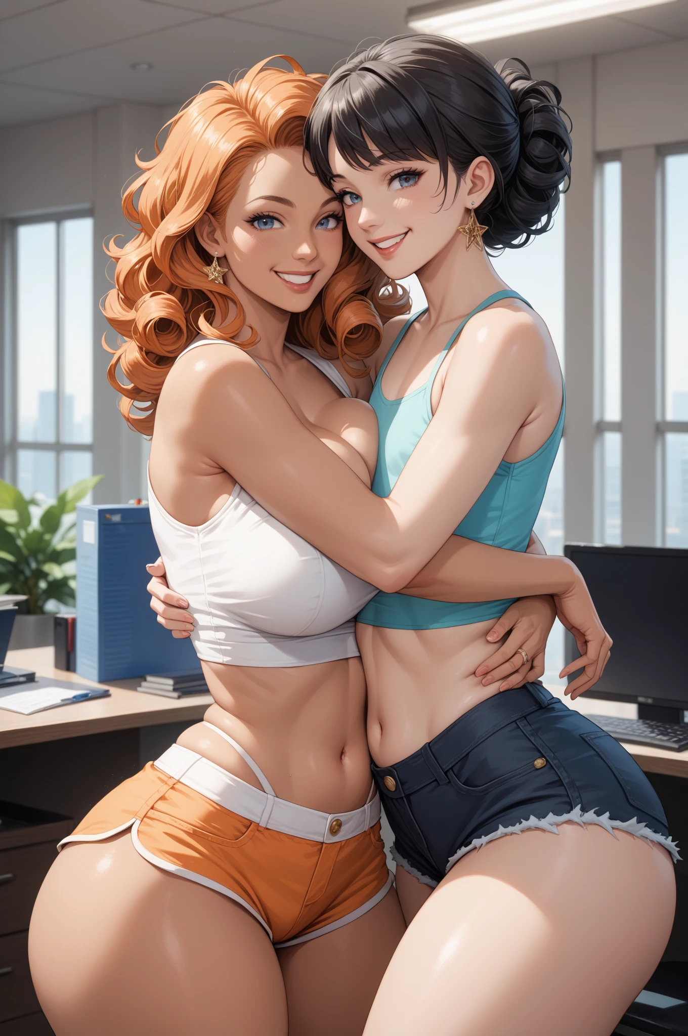 2heads, short chubby woman with 2 heads. Massive breasts. ager. In a big cozy home. Tight belly T-shirt with colorful pattern. Jeans shorts. Messy hair in a ponytail. Happy. Smiling. Blushing. Spunky. Think eyeliner. Gorgeous thin mature face. Seductive. Huge fake round tits. Pulling shirt, touching breasts. Big erect nipples. Huge thighs. Girlfriend. Small, short. Tiny.