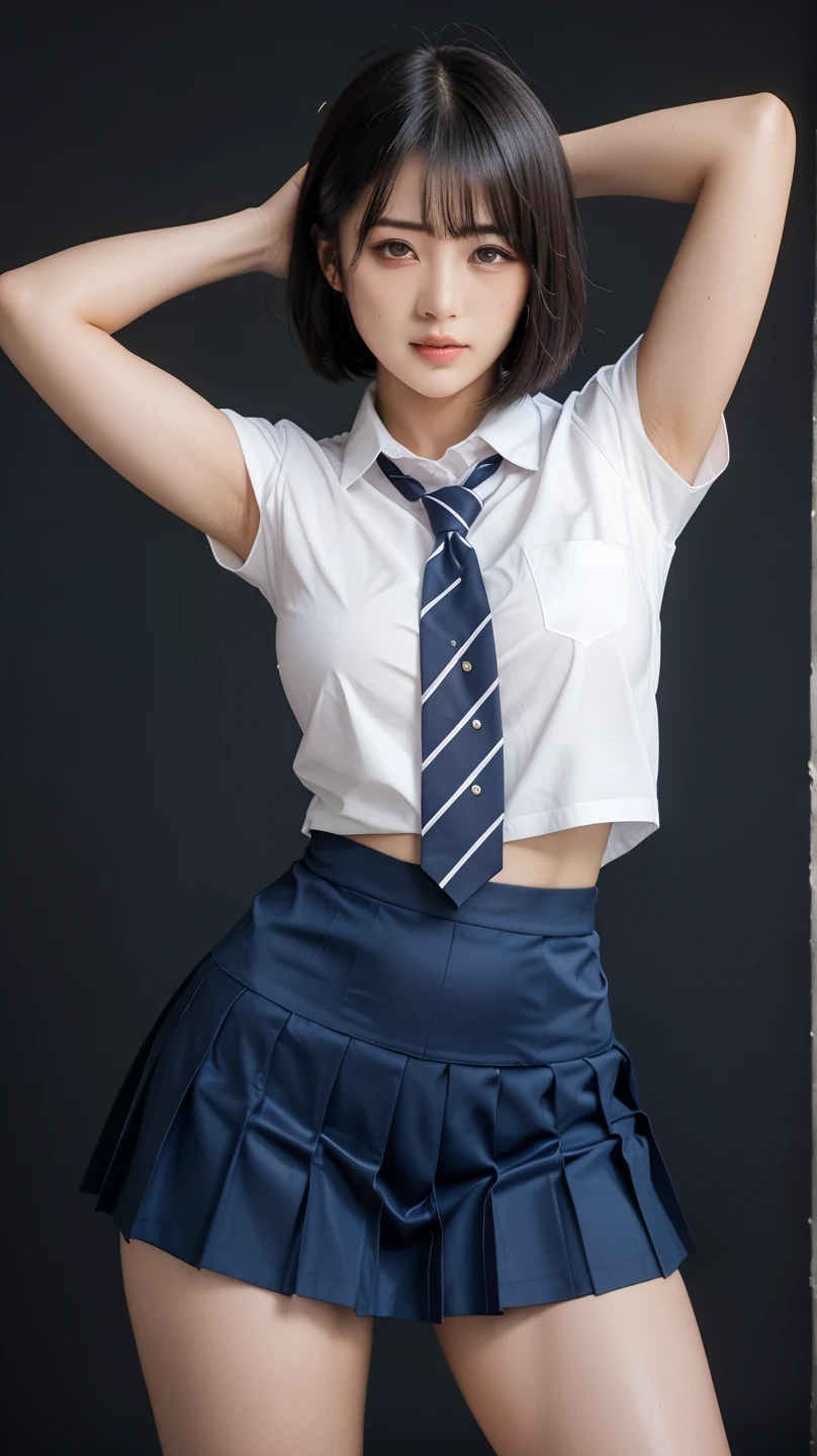 (8k, RAW photo, best quality, masterpiece:1.2),((wallpaper 8k)), ((high detailed)), ((masterpiece)), ((best quality:1.2)), ((hdr)), ((absurdres)), solo,Mature woman, 9body, earrings,(Perfect body proportions,Modify body shape, slender waist),frontal face,
(collared short shirt,navel),necktie between breasts, big breasts
Black Leather Pleated Skirt,pantyhose,
Lori style,softlight,Mohawk Hairstyles of Nowadays,dark blue background, hands in pockets,looking inside of shirt: hiroki (yyqw7151), see-through, from below, lifted by self, looking at viewer, looking down,<lora:Omertosa:0.3>,<lora:Asian girls faceV2:0.3>,<lora:more_details:0.3>,<lora:add_detail:0.5>,upshirt, underboob,<lora:tight-bikini-v01:0.7>,skindentation