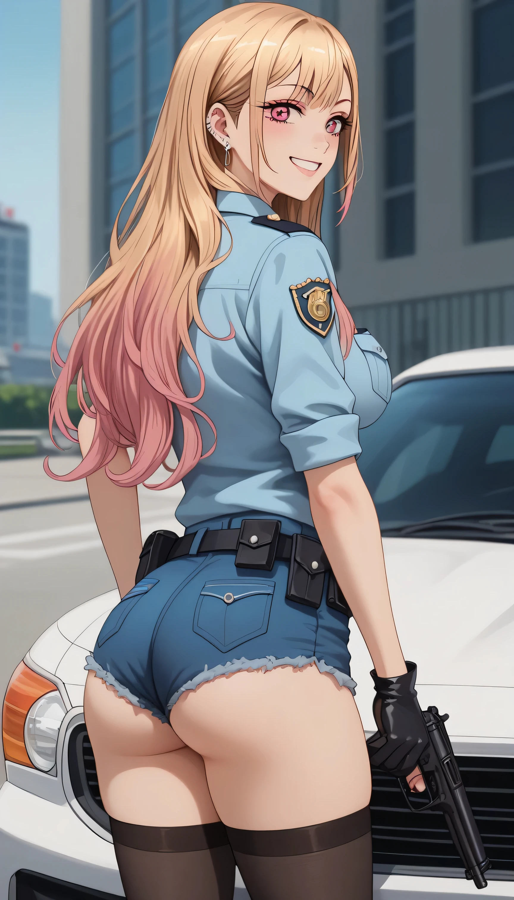 ultra-detailed,16K,(best quality),((masterpiece)),(highres),original,extremely, 1girl, solo, KJOmarin, blonde hair, long hair, pink eyes, earrings, ear piercing, multicolored hair, wearing police uniform, wearing bootyshorts, black gloves, tactical belt, black thighhighs, boots, busty body, large breasts and a beautiful ass, gun, holding gun, (view from behind), showcasing cleavage, legs, hips, looking at viewer, smile, detailed body, police car background