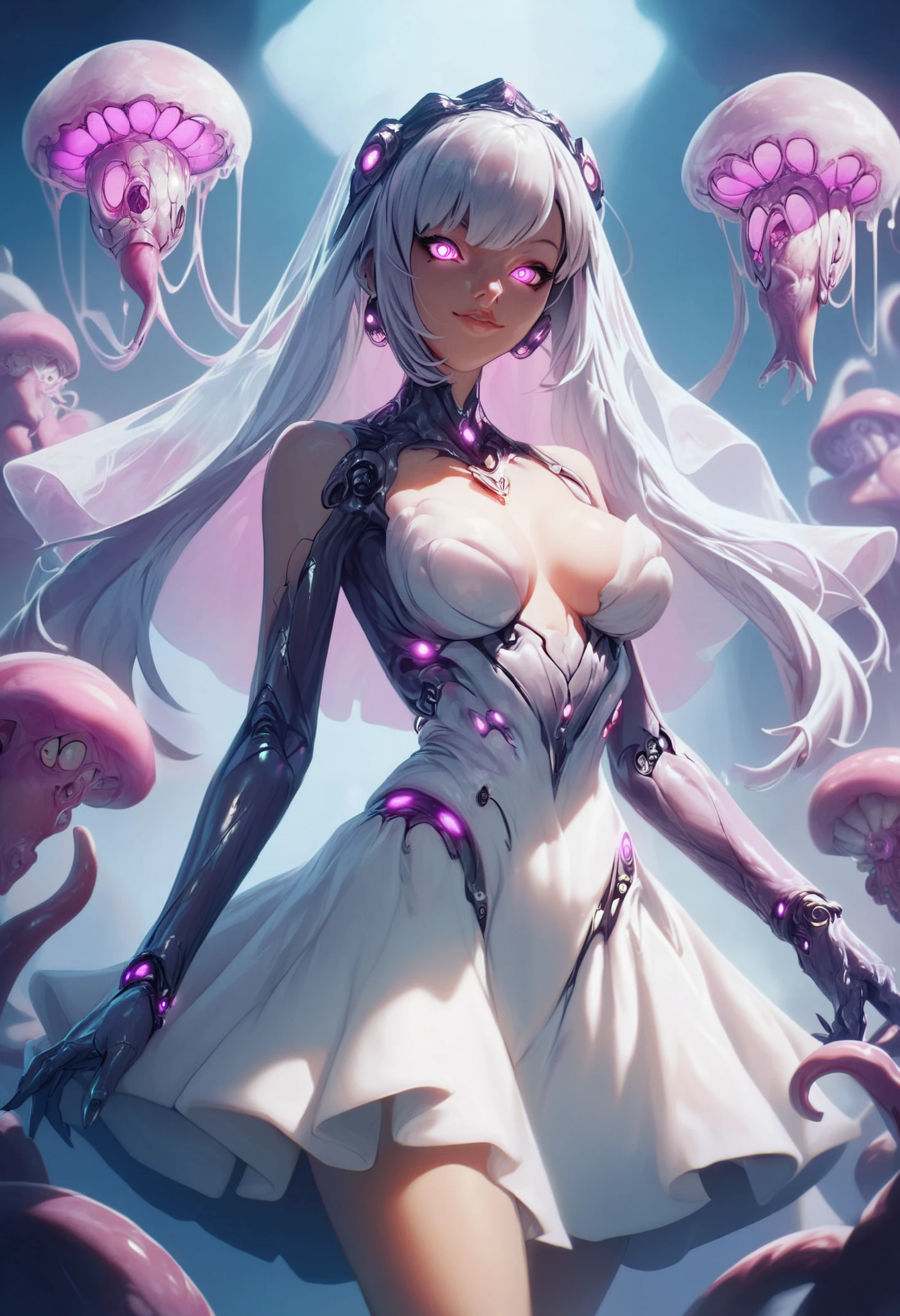 Sci-fi girl. Fusion with jellyfish. Silver hair. Veil. Eyes without highlights. Purple glowing eyes. Biological machine. Mechanical bodysuit. White dress. Glowing biological core. Venom glows. Tentacles.