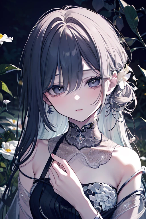 (wide-angle lens), mature woman, 1girl, CG Illustration, (masterpiece, best quality, ultra-detailed), sharp focus, detailed face, face focus, extremely detailed eyes, long hair, hair over shoulder, parted bangs, crown braid, pastel white hair, hollow black eyes, long eyelashes, (blush, soft hollow expression, tilted head leaning back), delicate makeup, medium breasts, ((colors of clothing: black, with black frills, transparent sleeves)), ((raven hairpin, dark sky, black clouds, black particles surrounds, darkness, black lilys, breeze)), cinematic lighting, rim lightning, ray tracing, shadowing, dynamic angle