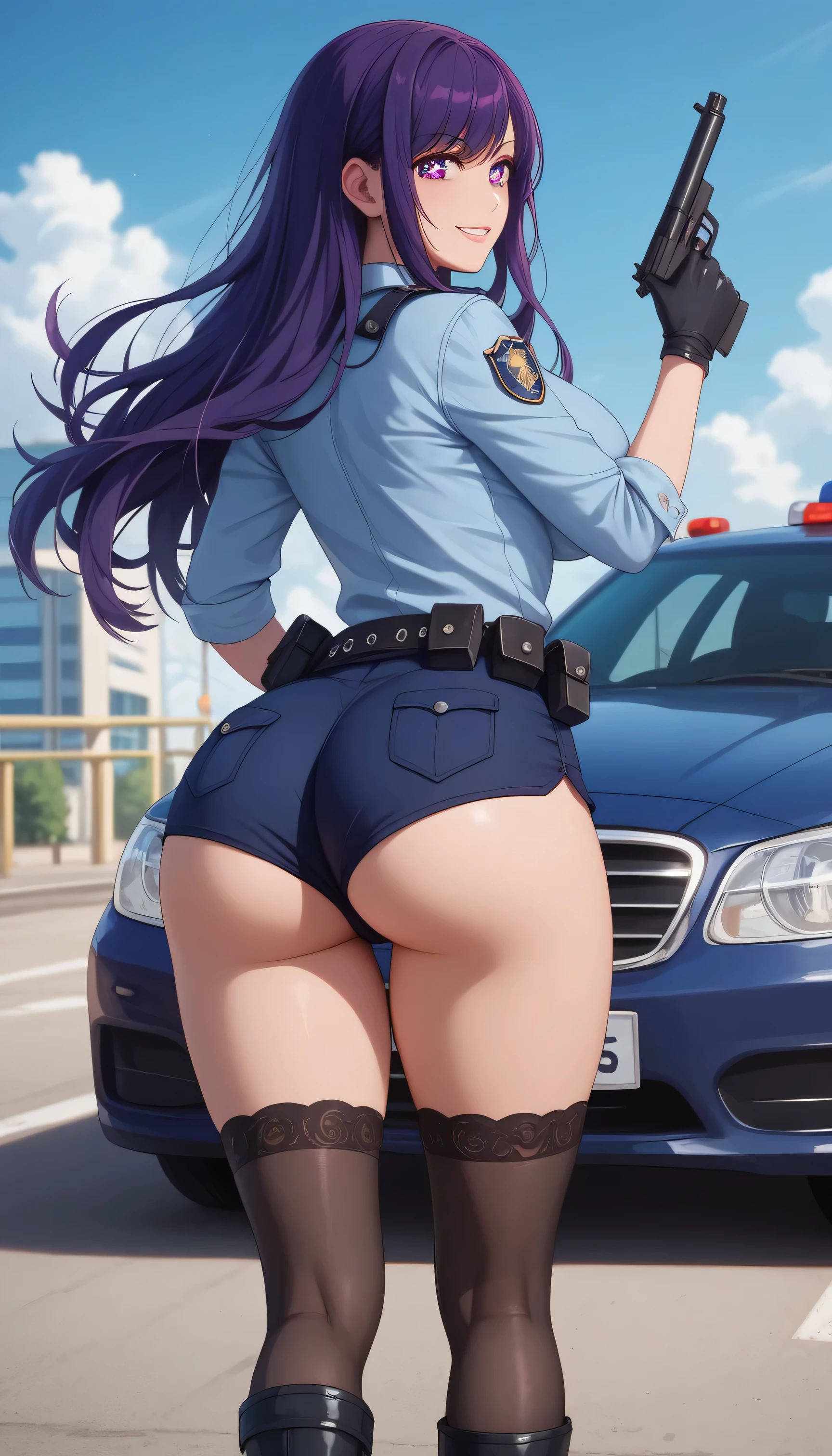 ultra-detailed,16K,(best quality),((masterpiece)),(highres),original,extremely, 1girl, solo, ai hoshino, long hair, bangs, purple eyes, purple hair, symbol-shaped pupils, wearing police uniform, wearing bootyshorts, black gloves, tactical belt, black thighhighs, boots, busty body, large breasts and a beautiful ass, big ass, gun, holding gun, (view from behind), showcasing cleavage, legs, hips, looking at viewer, smile, detailed body, police car background