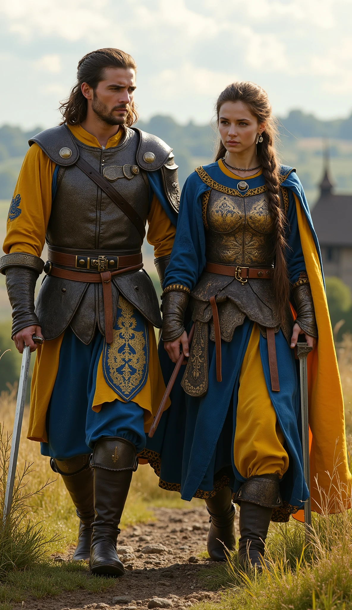 A handsome young Ukrainian warrior man and a beautiful Ukrainian warrior woman from the 12th century walk side by side, radiating strength and determination. The man has an athletic and muscular build, while the woman has a strong, toned physique, sexy, big boobs, both embodying the fierce spirit of medieval Ukrainian warriors.

They wear traditional 12th-century Ukrainian warrior attire, with designs and fabrics reflecting the blue and yellow colors of the Ukrainian flag. The man’s outfit consists of a sturdy warrior’s coat, embroidered with traditional Slavic patterns, layered with protective armor, while the woman wears a practical yet elegant battle outfit, fitted for both agility and protection, with intricate details honoring her heritage.

The man has a strong jawline and shoulder-length wavy hair, tied back for battle, while the woman’s long braided hair flows behind her, symbolizing both strength and tradition. Their expressions are focused and serious, eyes locked on the path ahead, exuding unwavering determination.

Both warriors carry traditional Ukrainian swords. The man grips a mighty palash, a broad and straight-bladed sword, perfect for powerful strikes, while the woman wields a shablya, a curved saber known for its deadly precision. The polished steel of their weapons gleams in the sunlight, a symbol of their readiness for battle.

The background sets the scene in medieval Ukraine, with rolling fields, distant wooden fortresses, and the golden domes of ancient churches gleaming under the sky. The wind carries the scent of fresh grass and smoke from distant fires, a reminder of the conflicts they must face.

Their stance is powerful, embodying the warrior legacy of Kyivan Rus', moving forward as protectors of their homeland, ready to defend their people with honor and courage.


