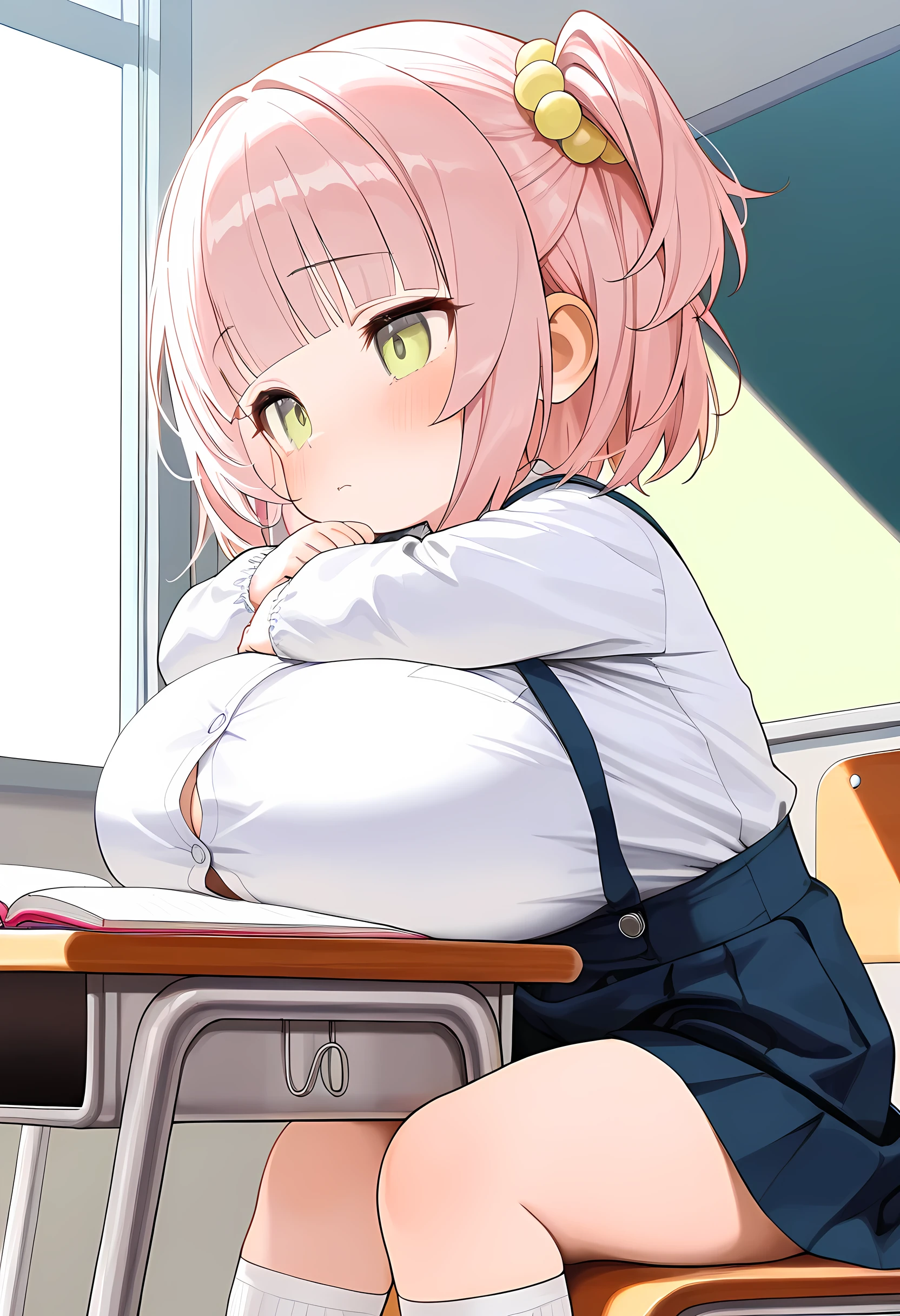 (ultra-detailed), studying,breasts on desk,(Alone,ddler:1.3), Long Sleeve White Blouse ,tented shirt,blue suspender skirt, white knee-high socks , pink hair,blunt bangs, bob hair, One Side Up ,(cute light green eyes ), sad face,( huge tits,disproportionate breasts), thighs,school chair,school desk,classroom,(masterpiece,super detail, high details, highres, 8k, best quality, masterpiece, extremely detailed CG, clear, ultra high resolution, accurate, perfect anatomy,super detailed skin, beautiful detailed face, beautiful detailed eyes, beautiful detailed hands)