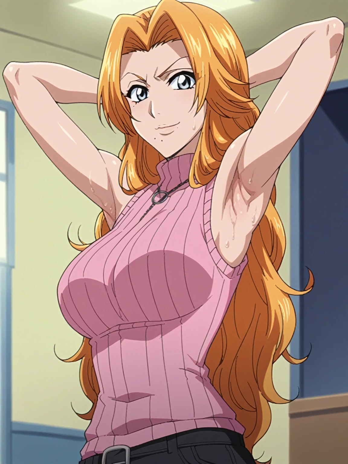 score_9, score_8_up, score_7_up, source_anime, anime screencap, 1girl, solo, rangiku matsumoto, long hair, grey eyes, orange hair, mole, mole under mouth, parted bangs, bare shoulders, bare arms, arm behind head, armpit, looking at viewer, head towards viewer, smile, badhandv4, indoors, closed mouth, pink sweater, sleeveless sweater, ribbed sweater, turtleneck, from side, from below, sweaty armpit